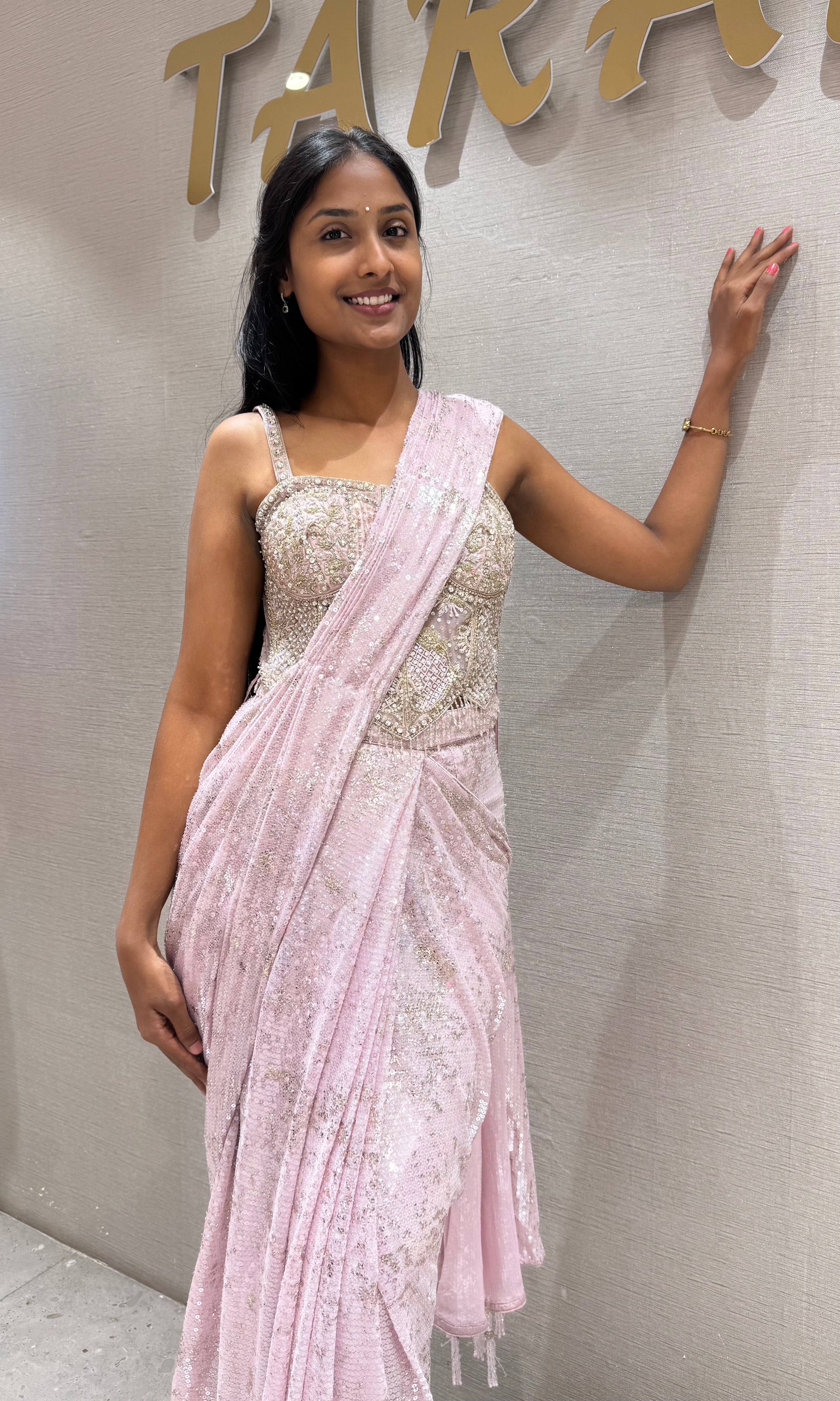 Baby Pink Embellished Drapee Saree with Corset Bustier