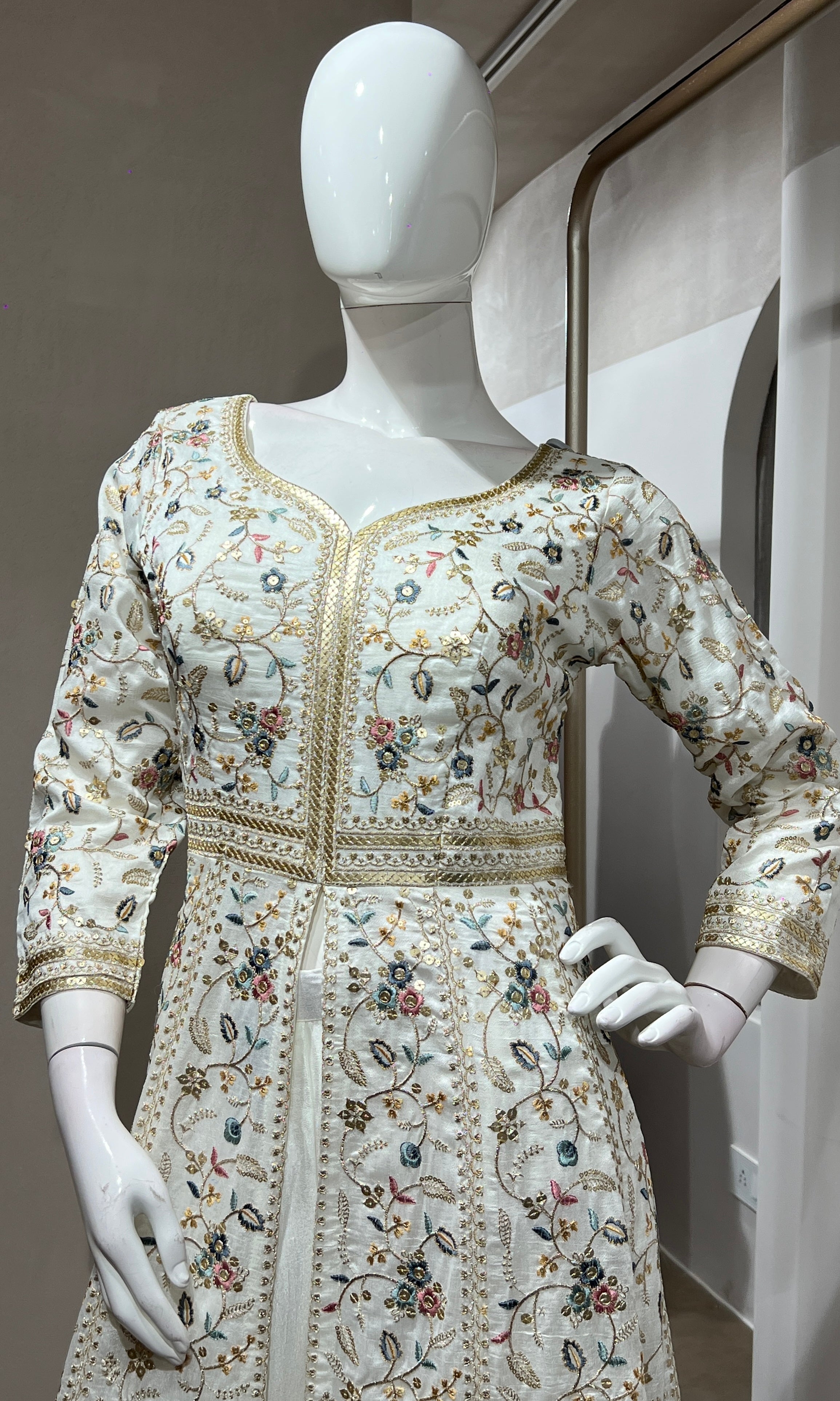 White EMBROIDERED FRONT SLIT ANARKALI SET