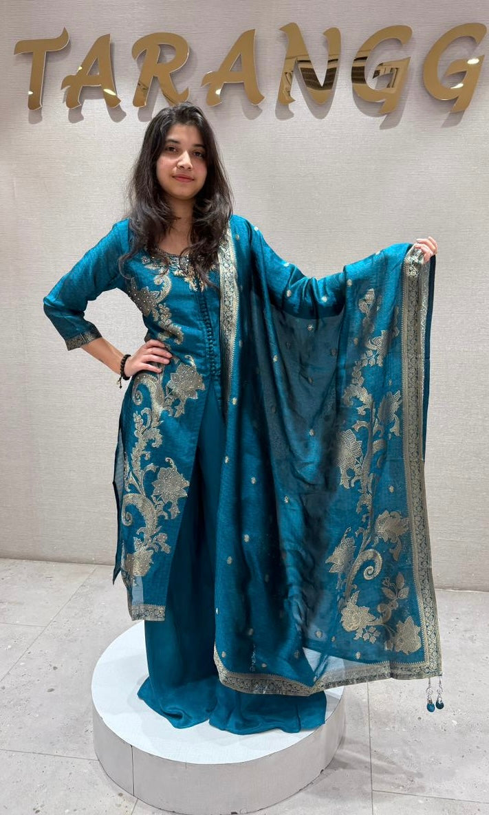 Peacock blue front silt Anarkali