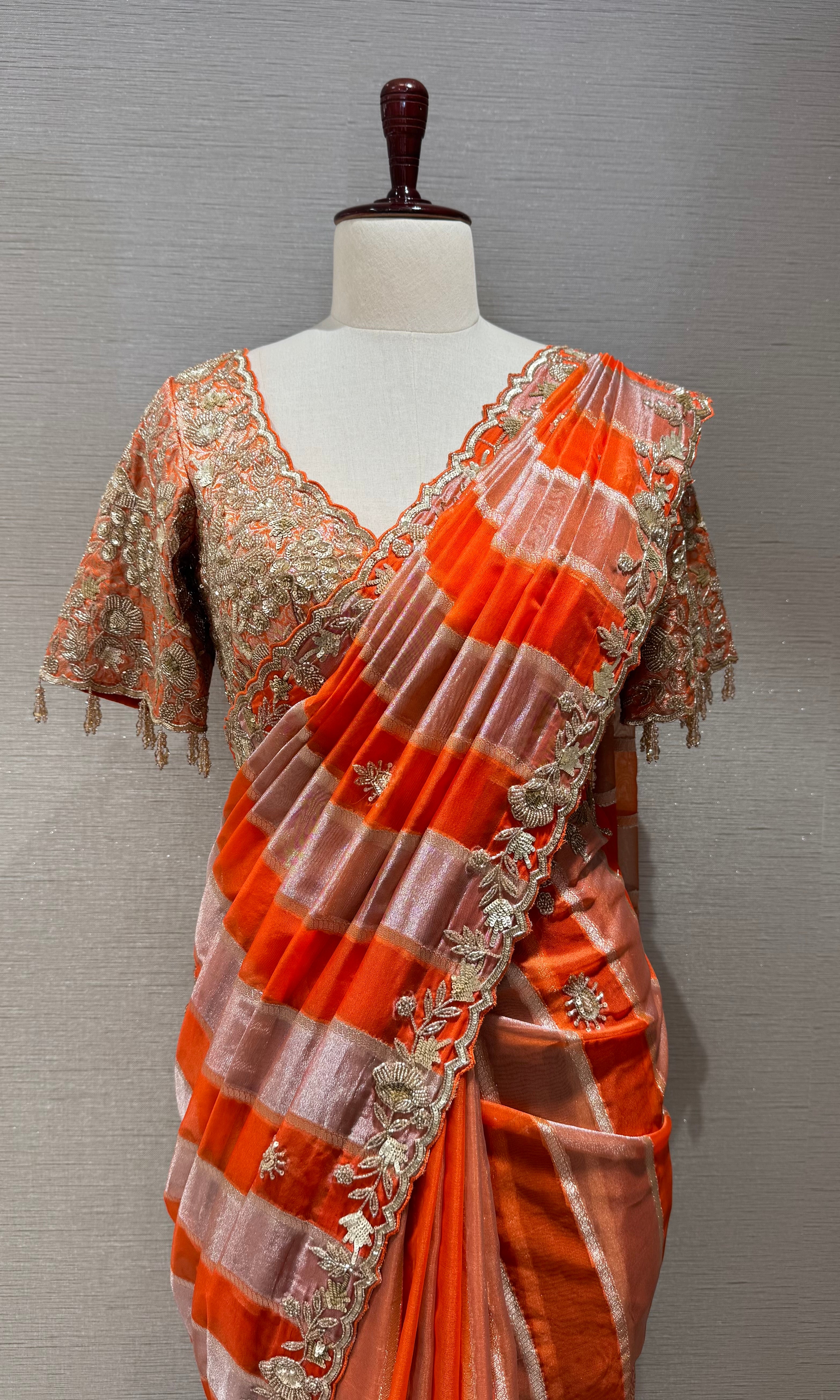 Orange Embellished Silk Leheriya Saree