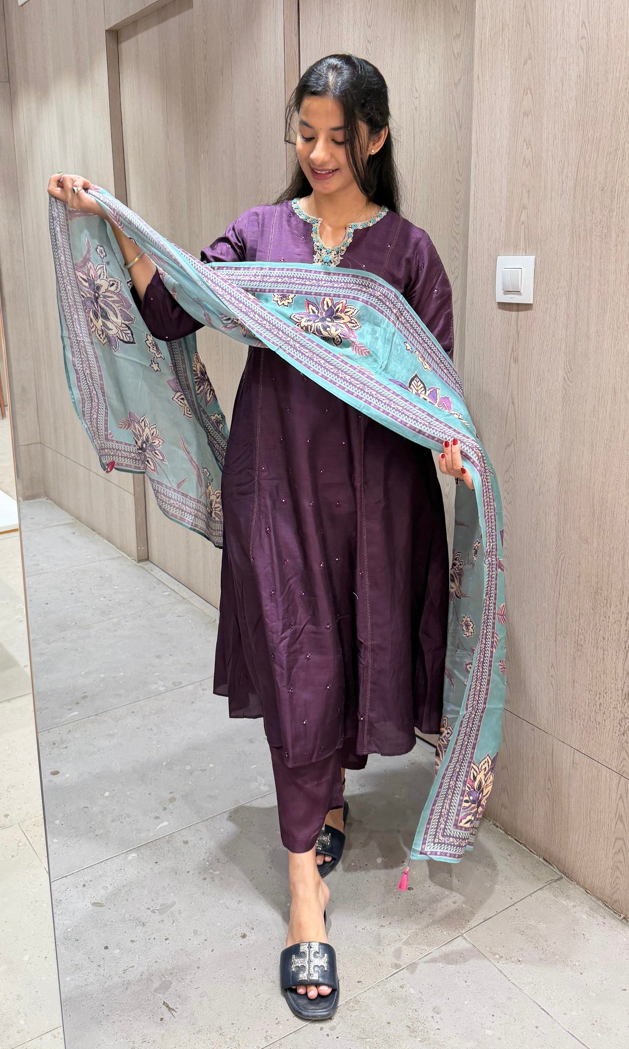 wine kurta set with floral printed dupatta