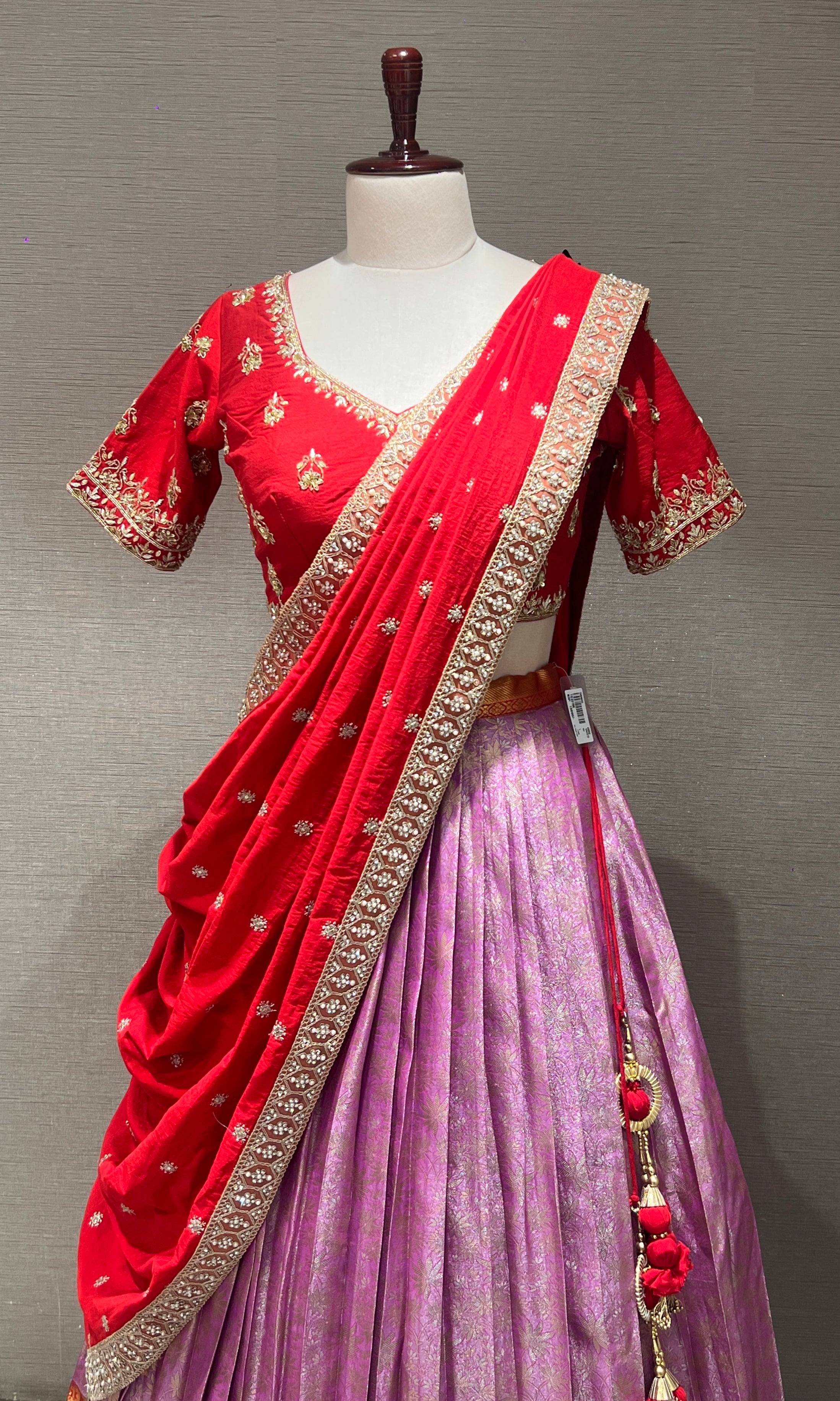 Lavender & Red LEHENGA WITH RAW SILK DUPATTA