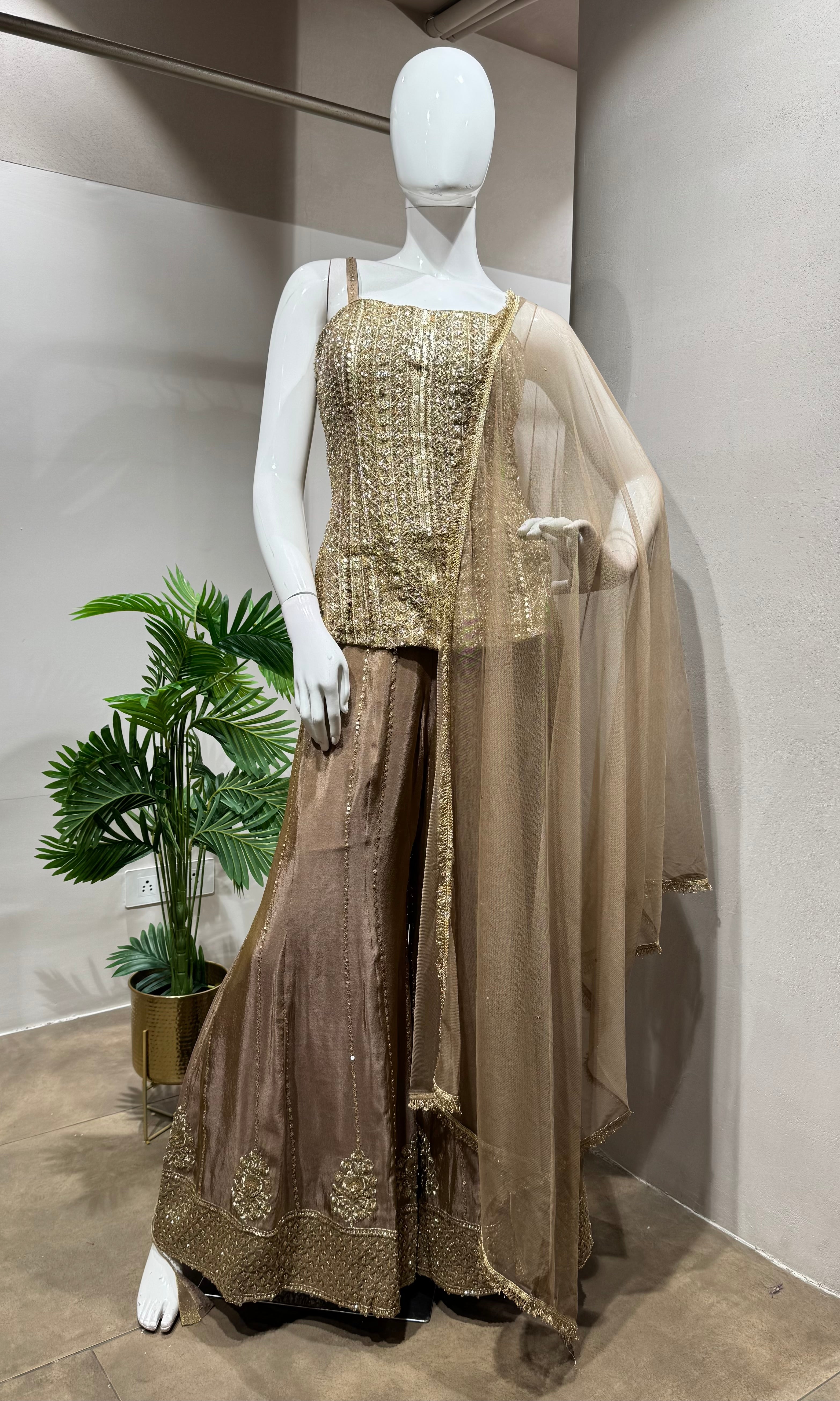 gold mirror work embroidered sharara set