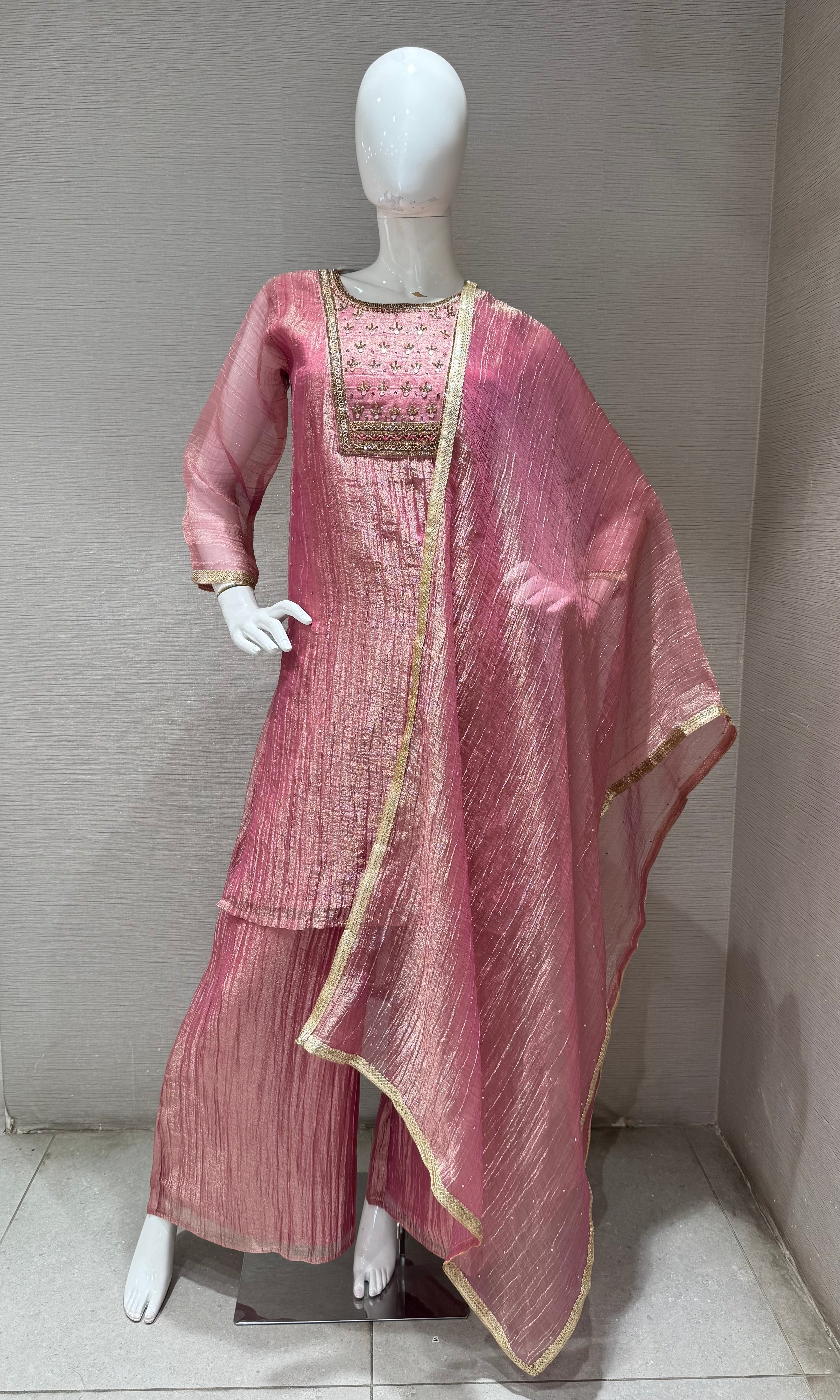 Onion Pink Tissue silk Salwar Kurta with Palazzo pants