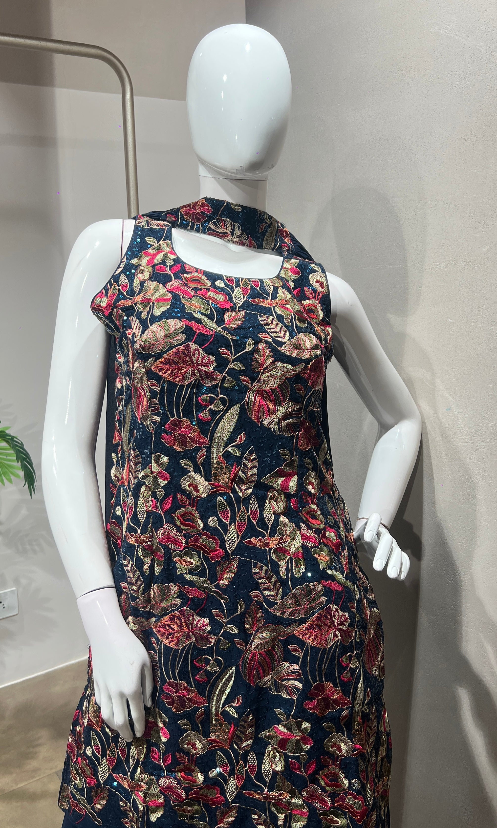 Navy Blue Floral Georgette Sharara Set