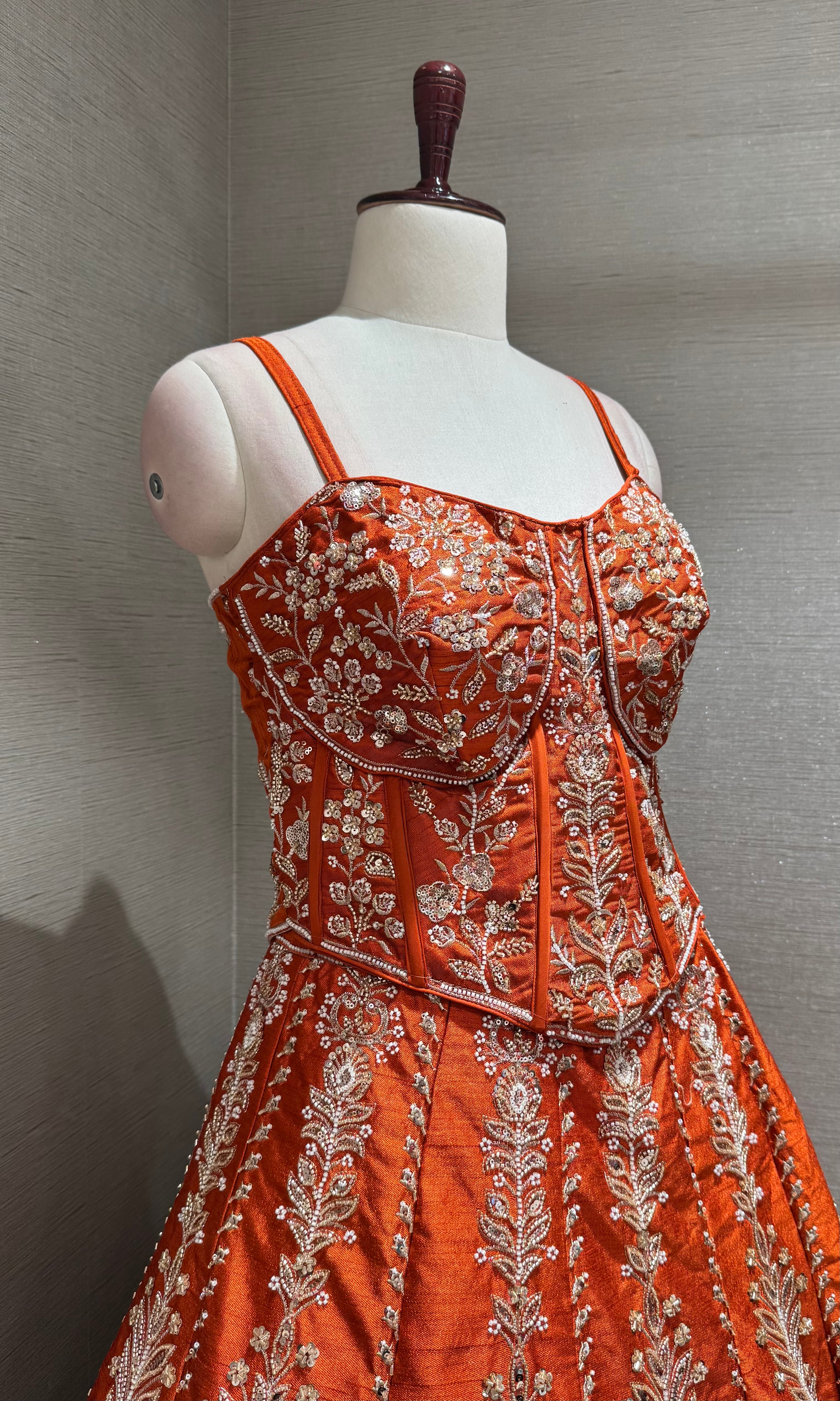 Orange Embroidered Peplum crop top Lehenga Set