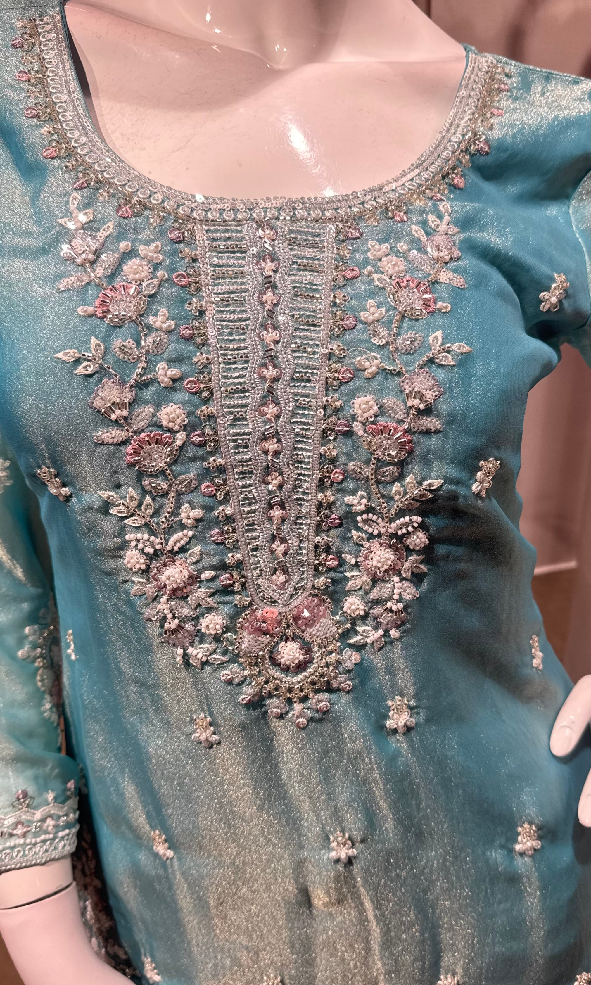 Sky Blue Embroidered Silk Palazzo set