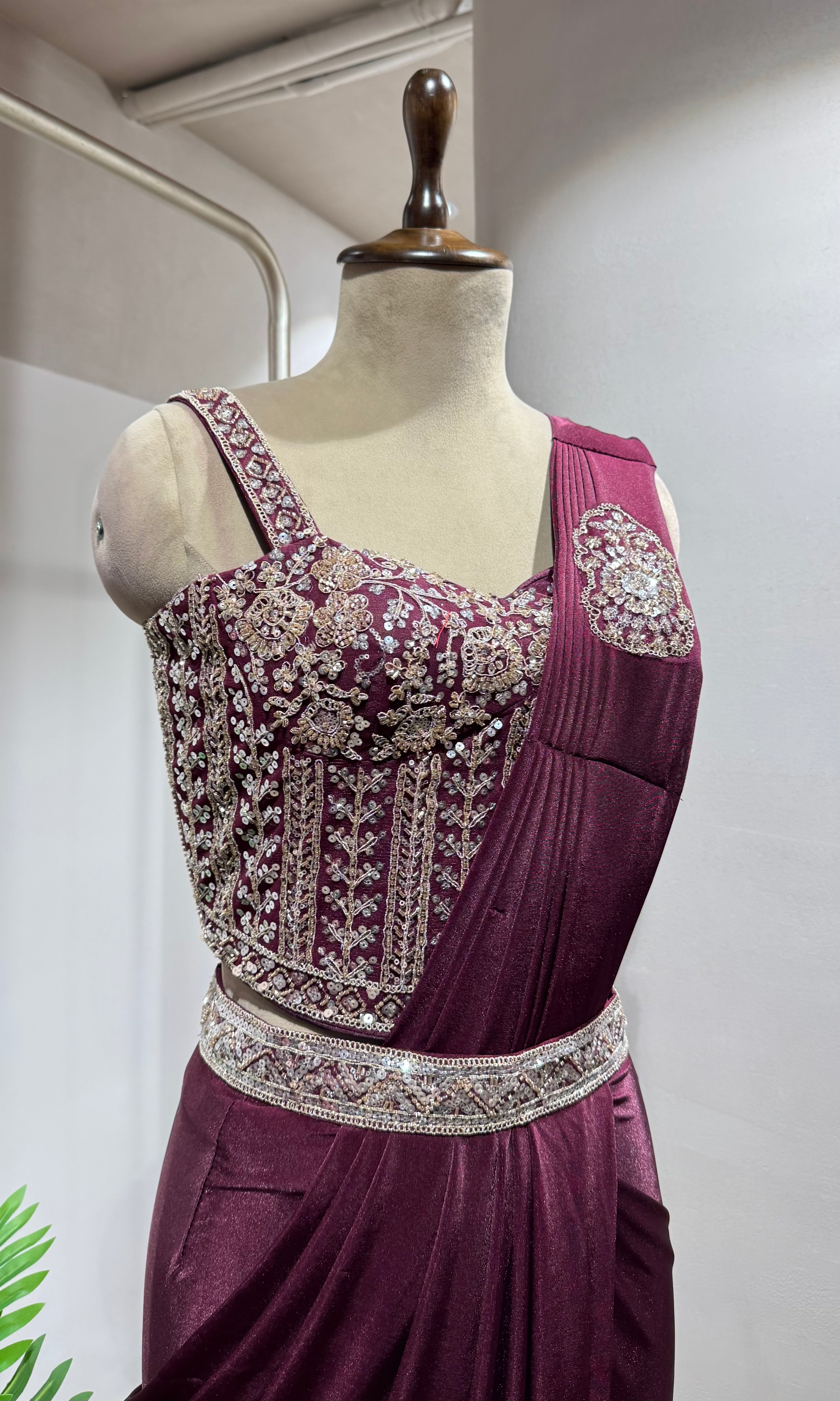 WINE CORSET DRAPED SAREE WITH BELT