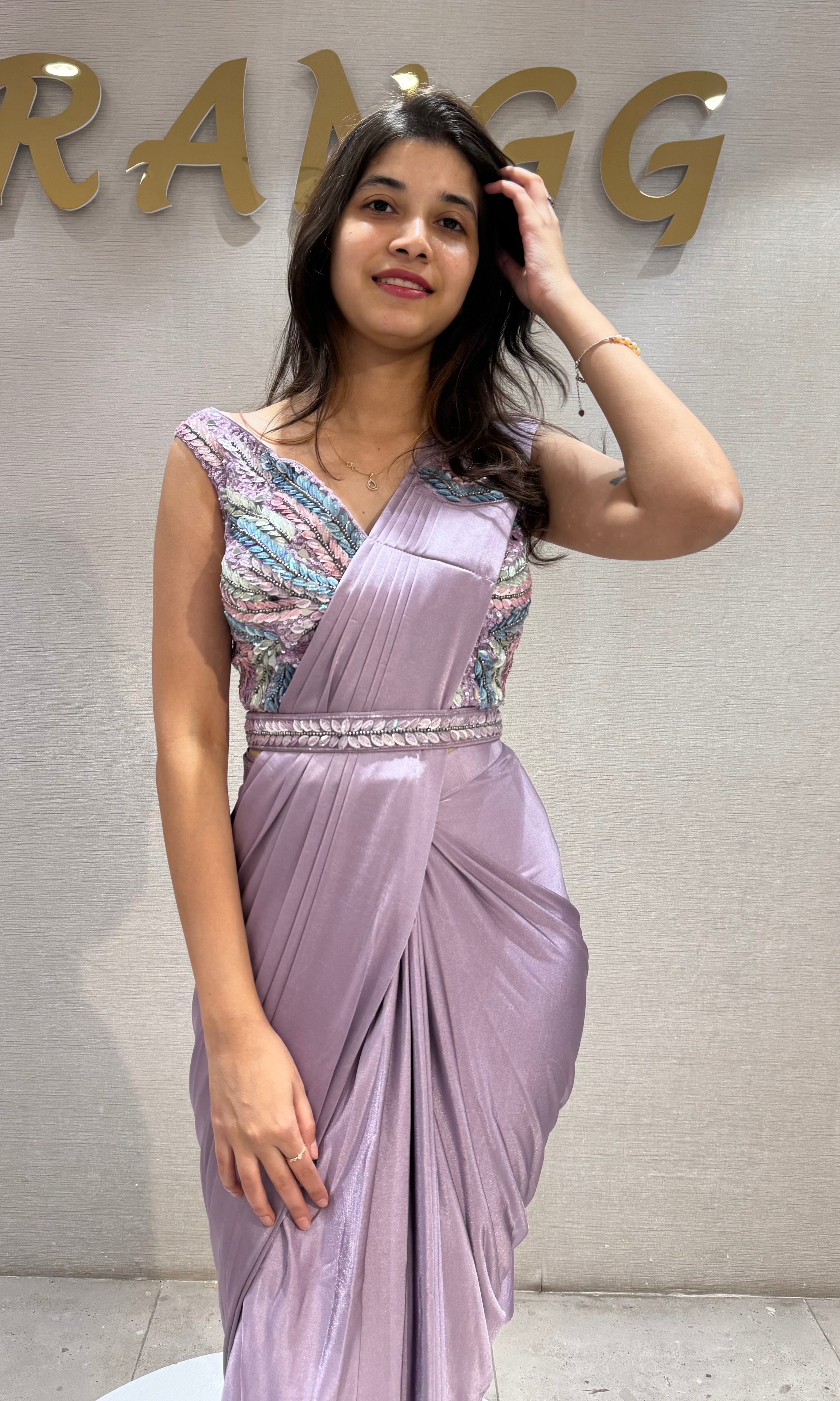 Lavender Draped Saree with Embroidery Blouse