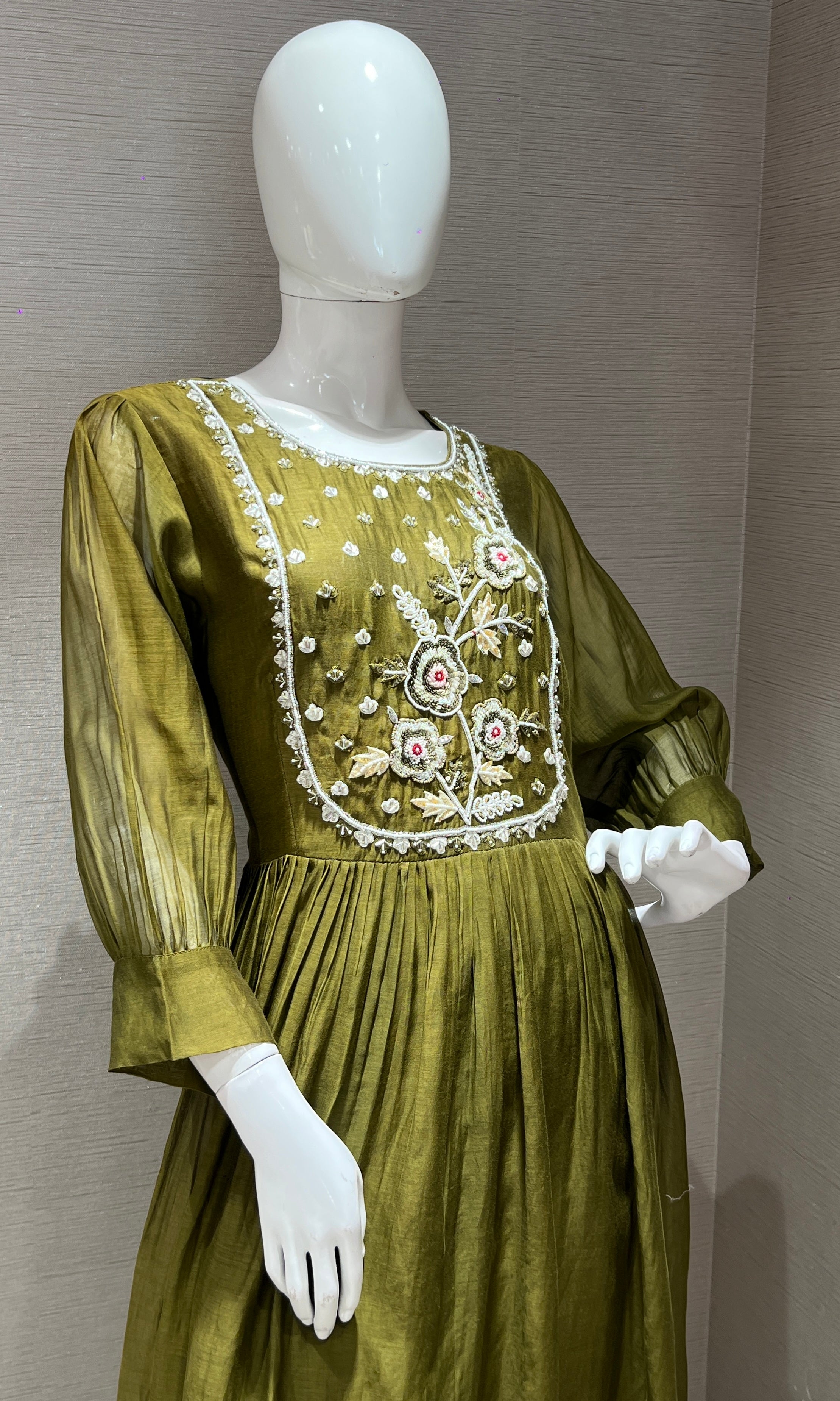 olive green Mul Chanderi kurta set