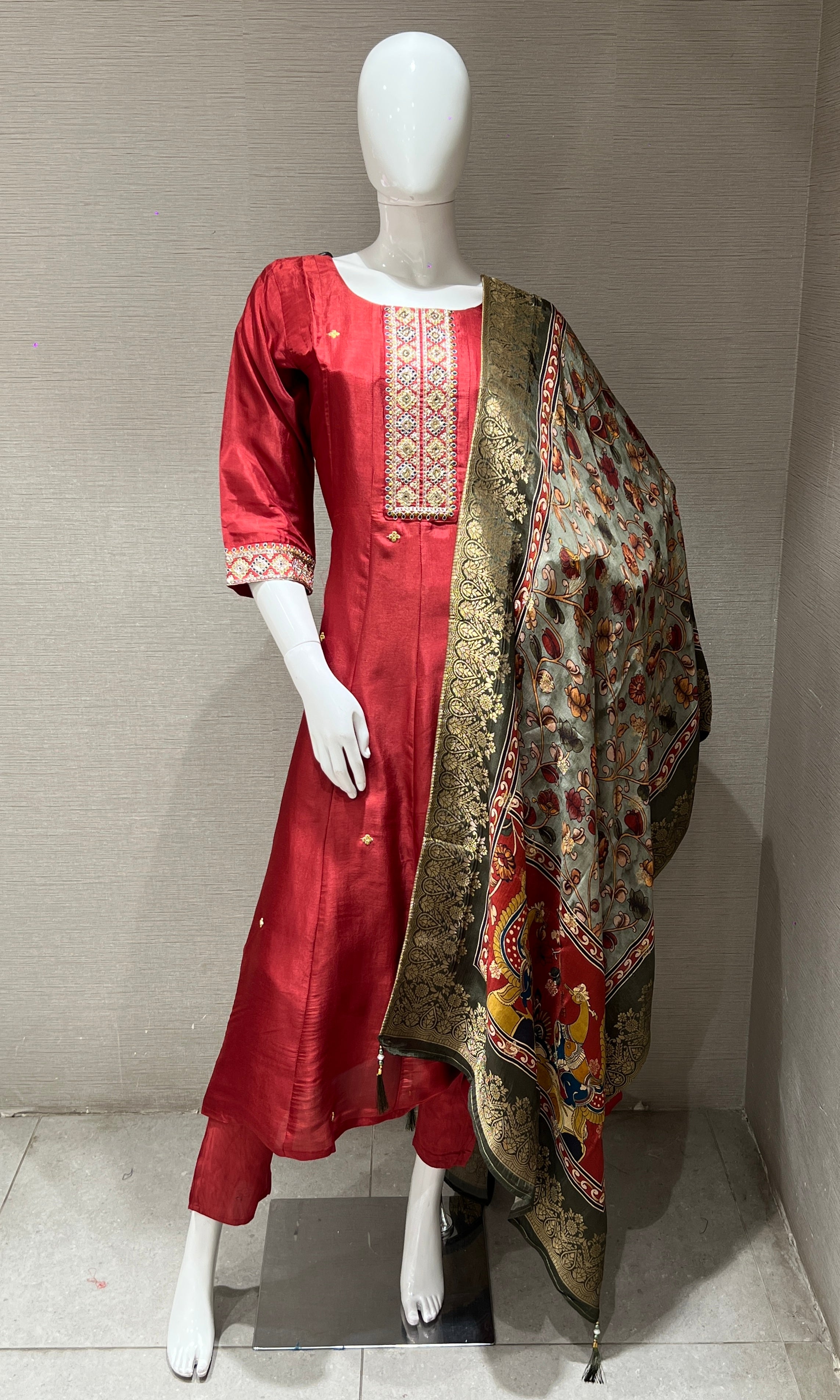 Brown Anarkali set with printed dupatta