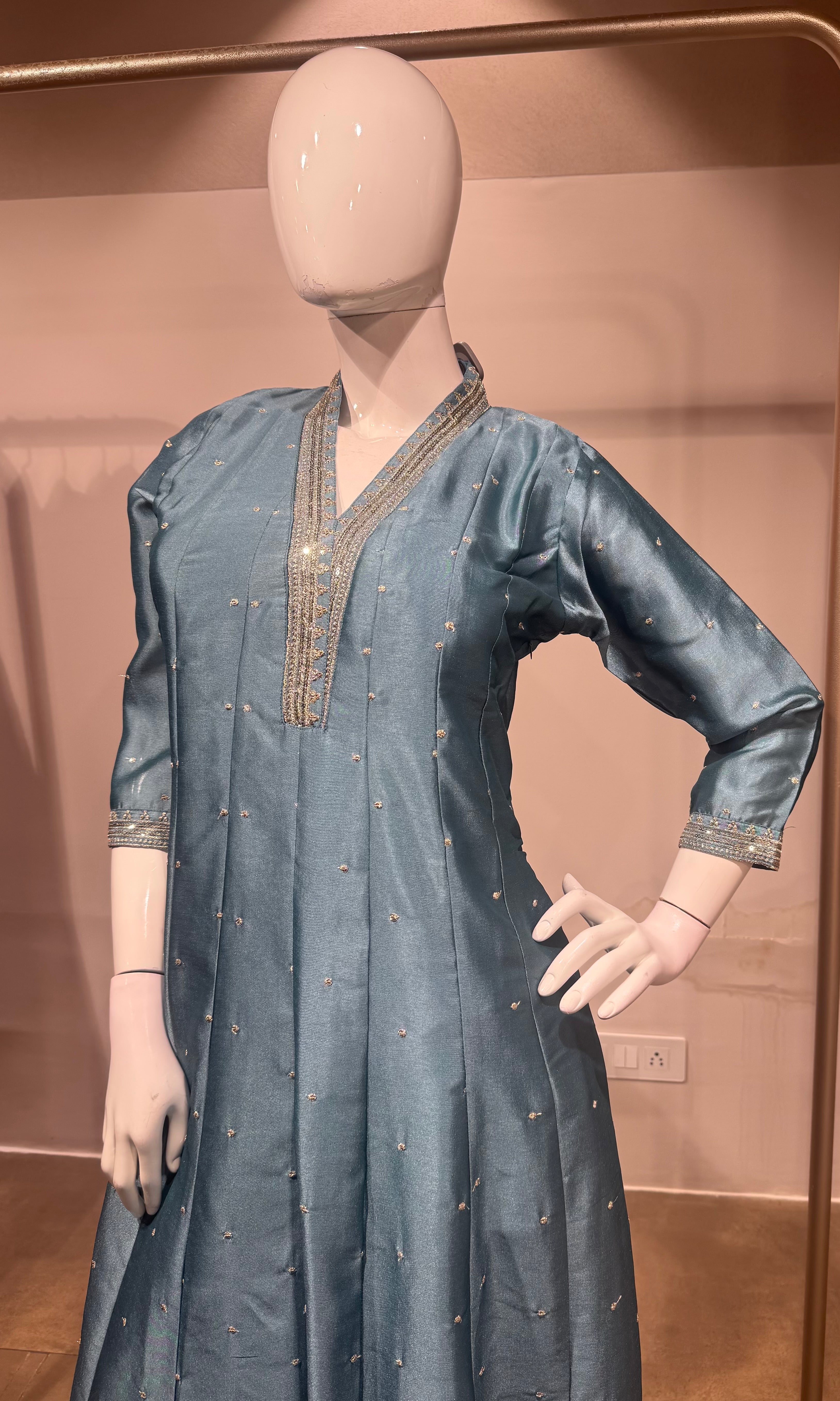 Blue silk golden embroidered anarkali set