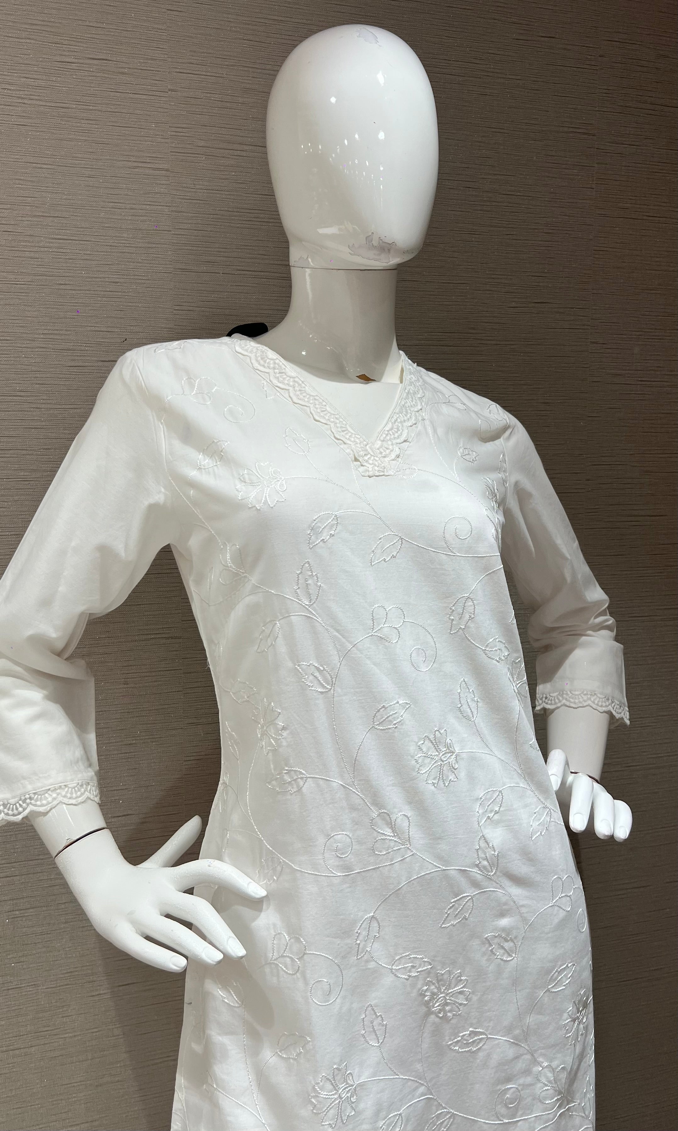 White Cotton Kurta Set with Pink Floral Embroidery