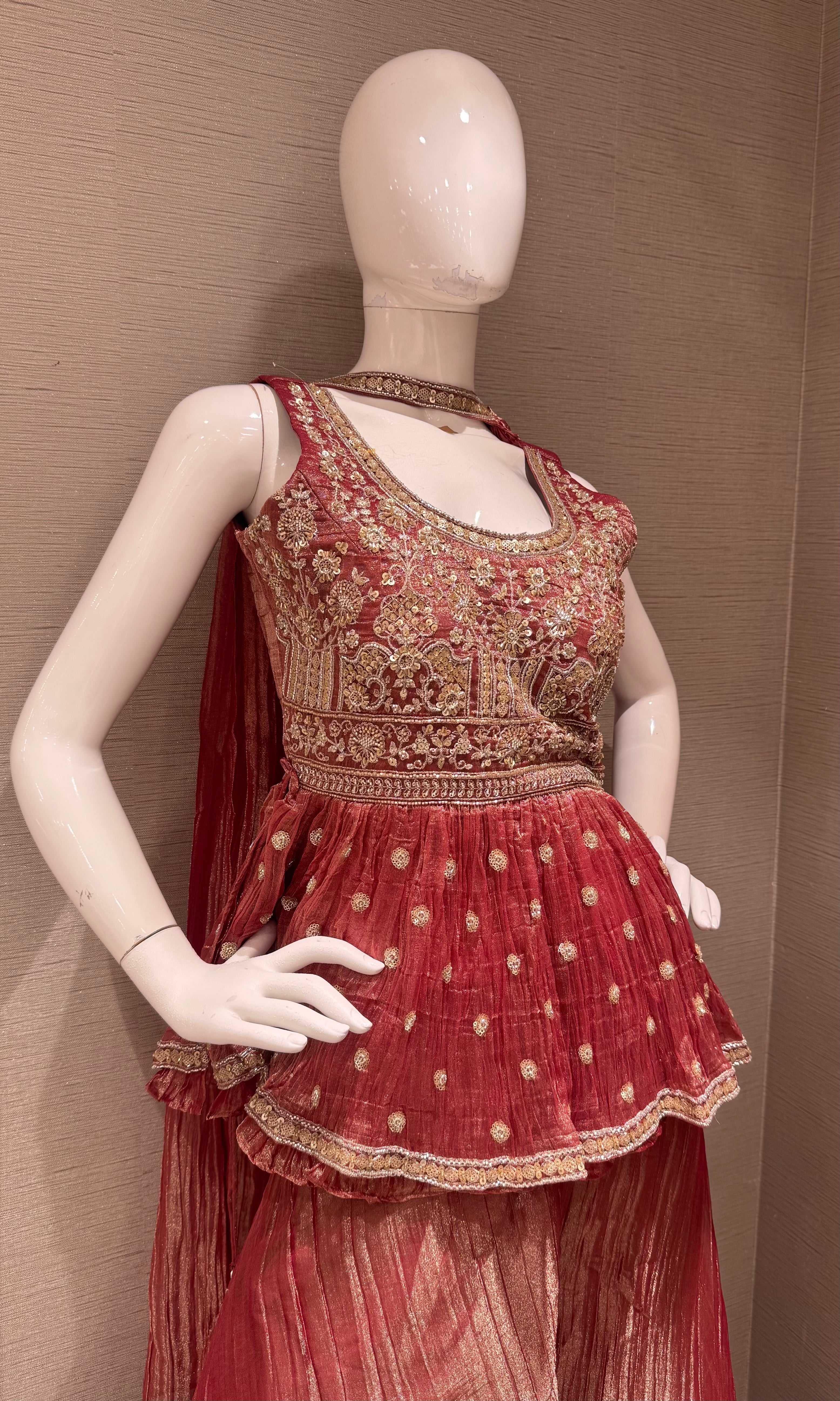 Pink Gold Embellished Peplum Palazzo Set
