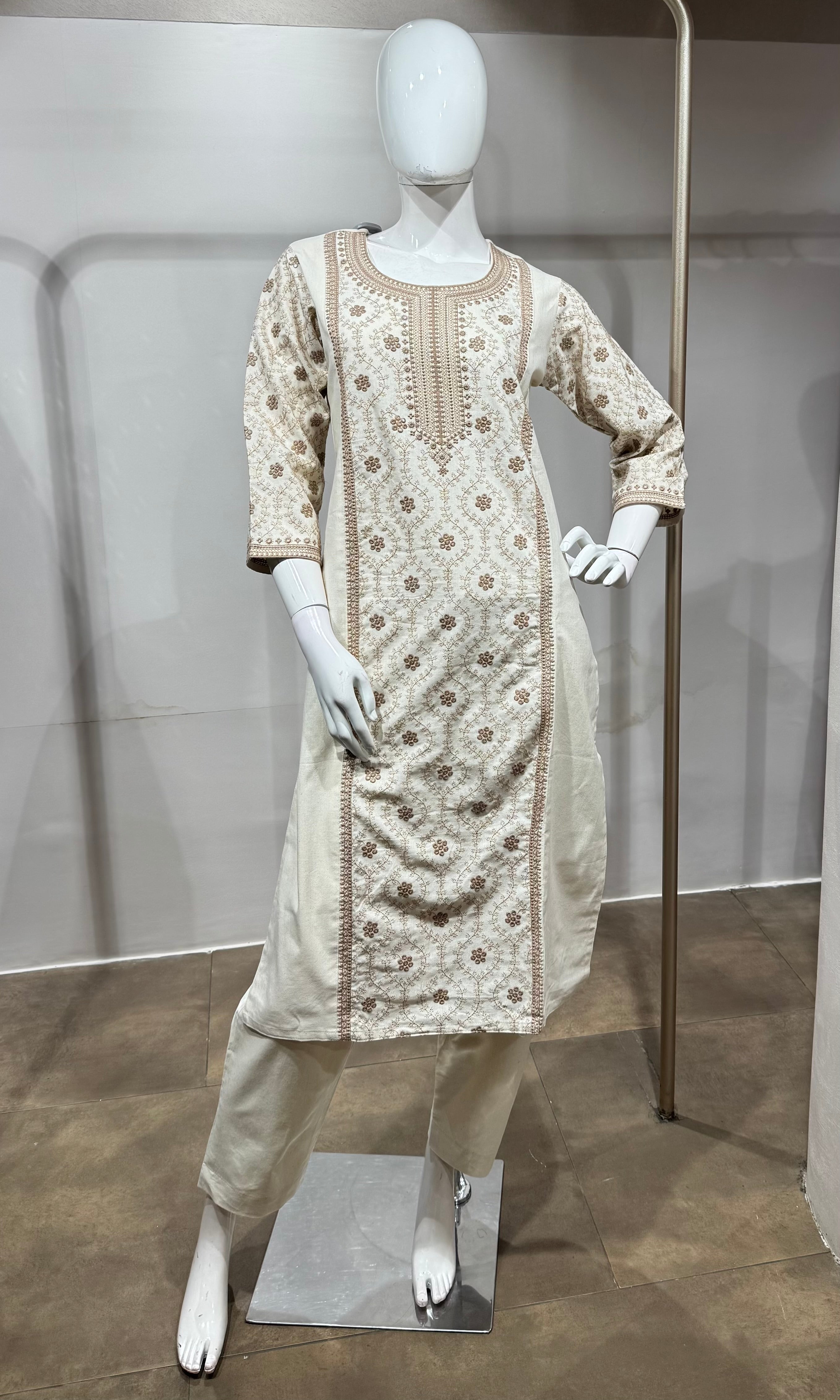 CREAM Cotton Kurta Set with Dupatta