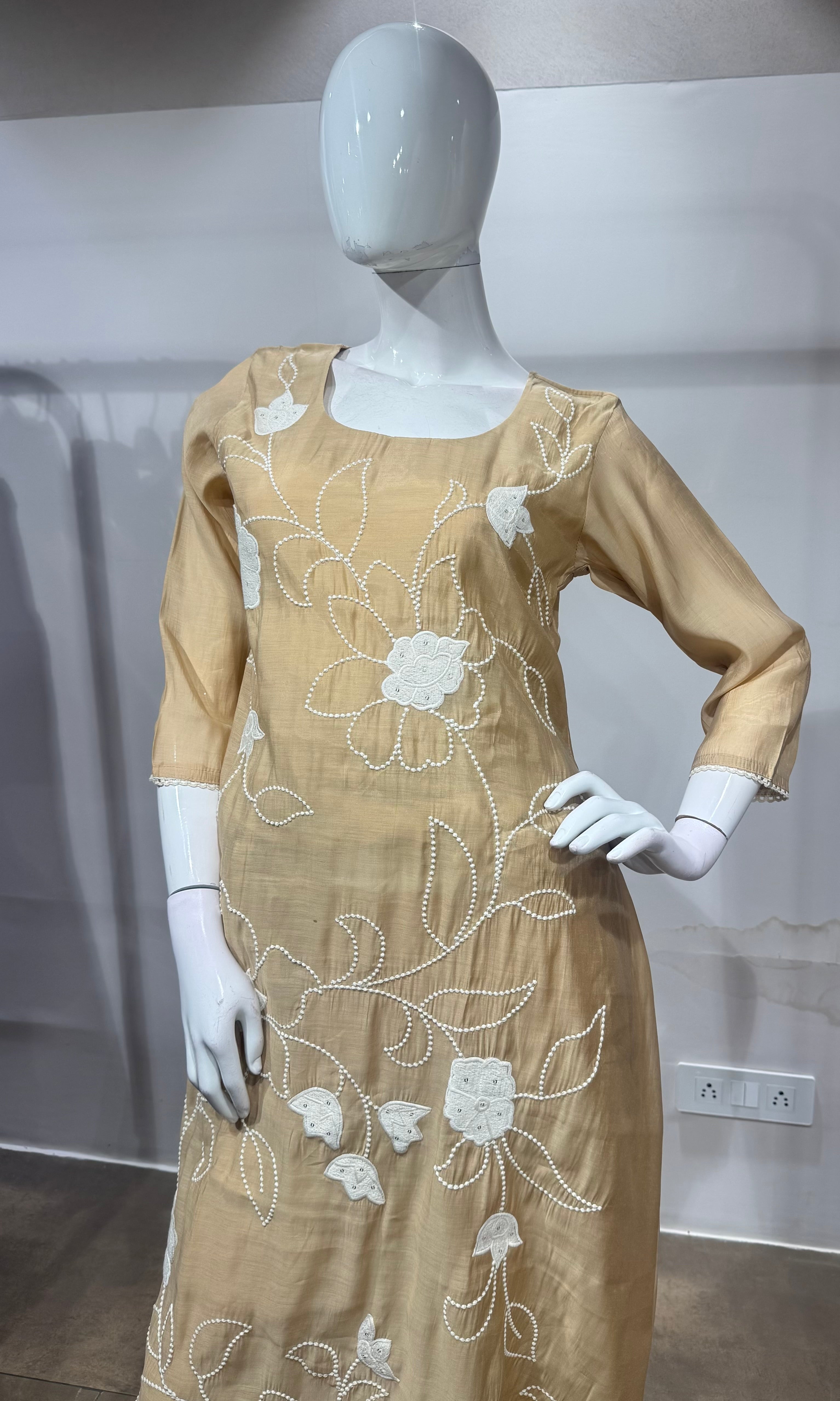 Beige Floral Thread Embroidered Kurta Set