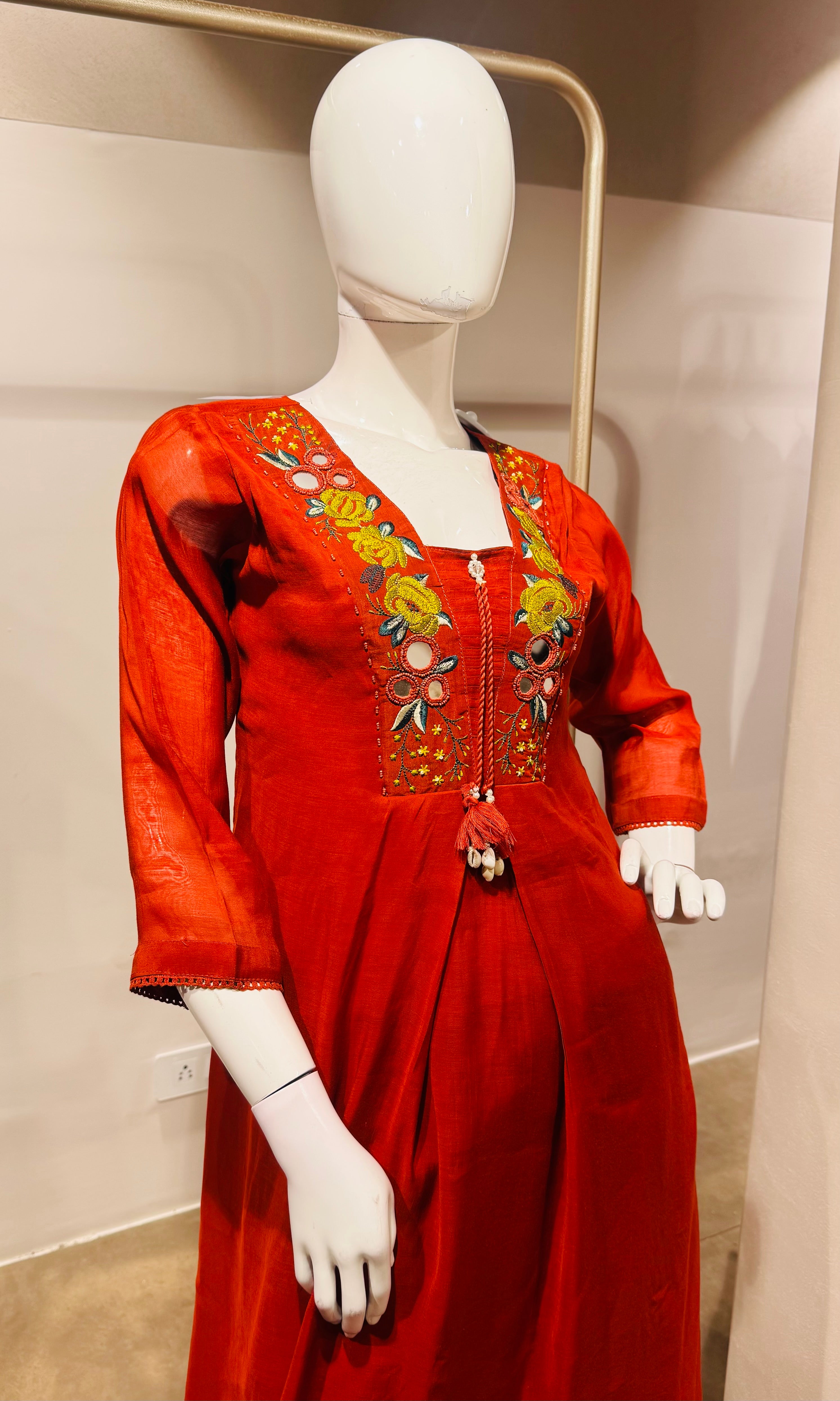 Rust Ethnic Kurta Set with Multicolored Neckline