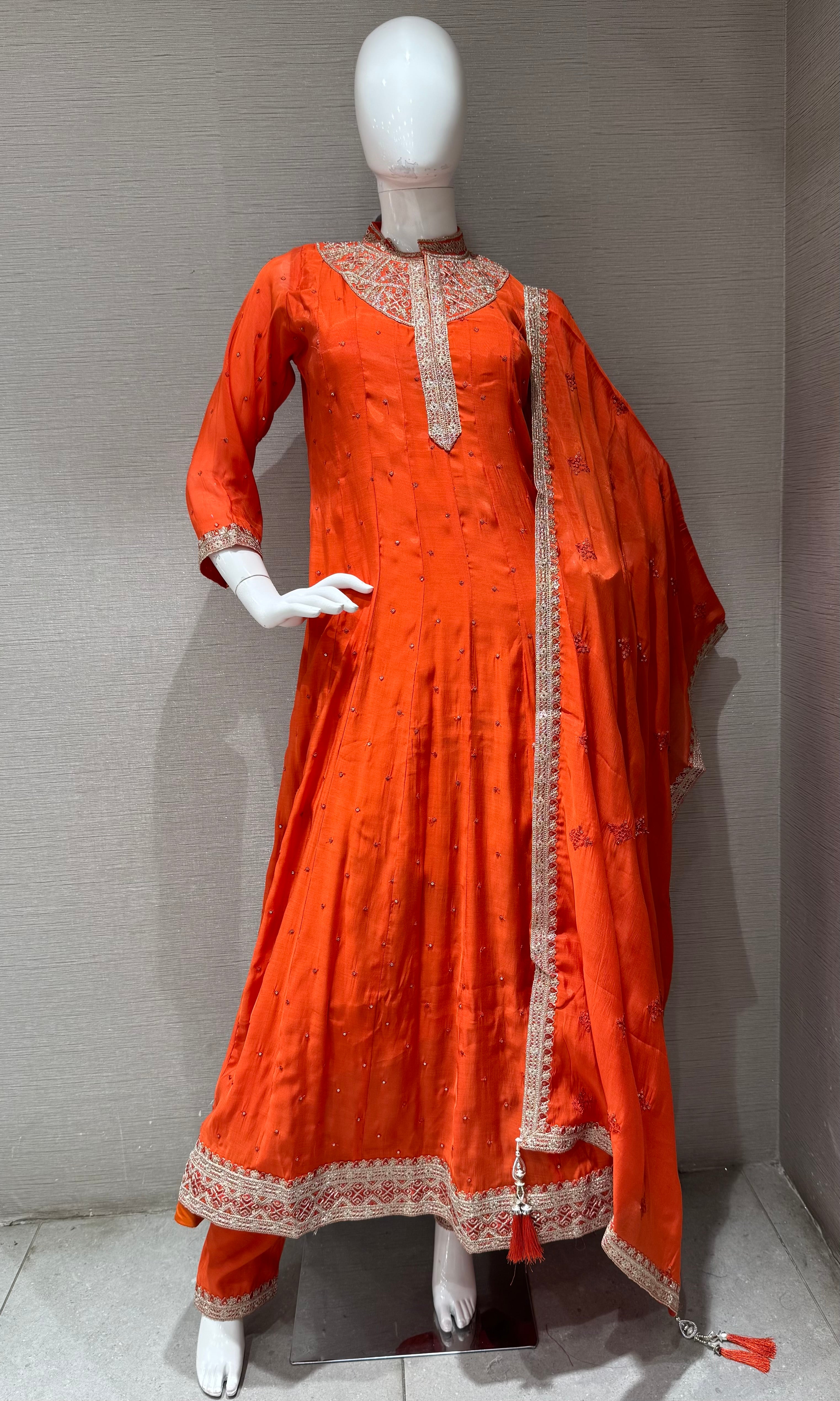 Orange Golden embroidered anarkali Set