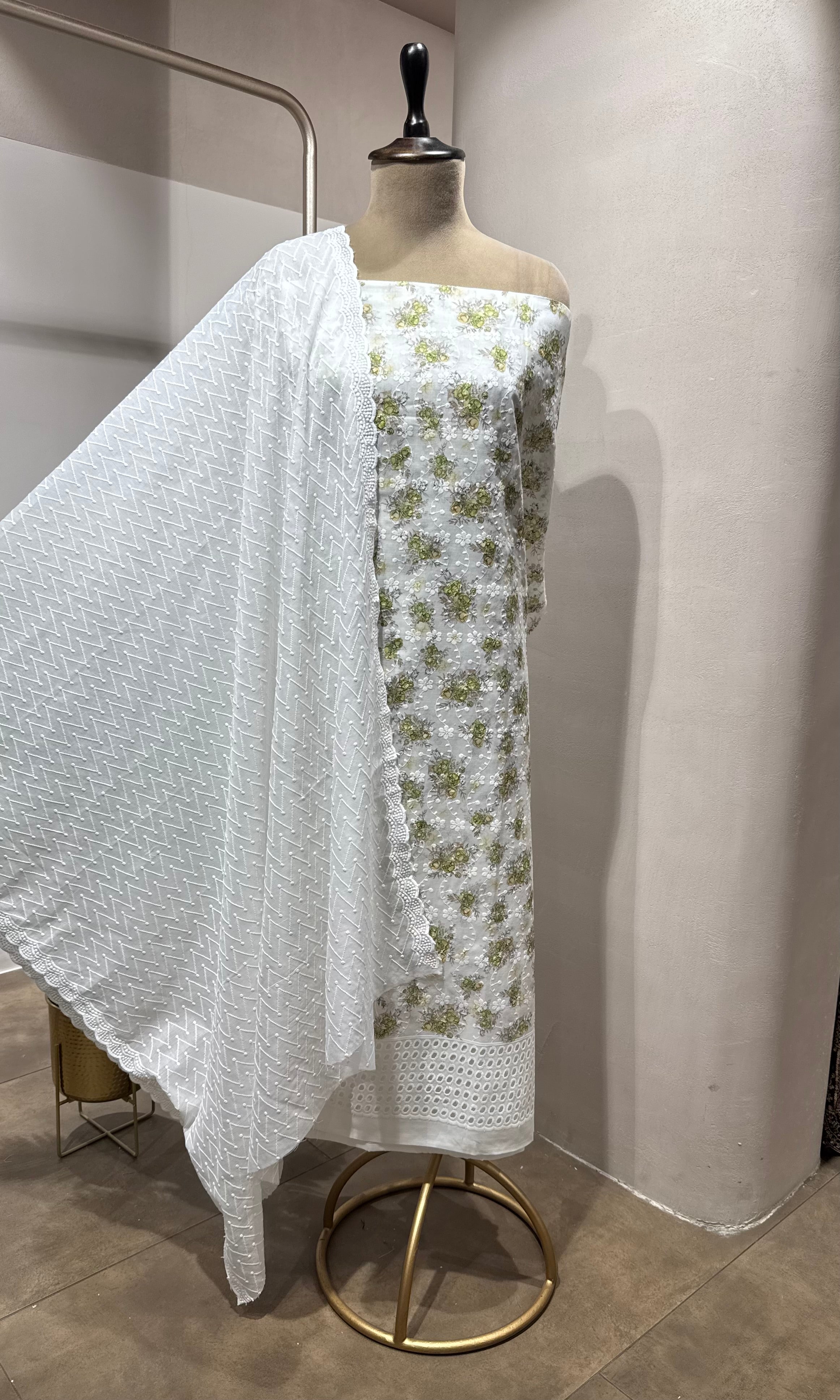 GREEN CHIKANKARI DRESS MATERIAL