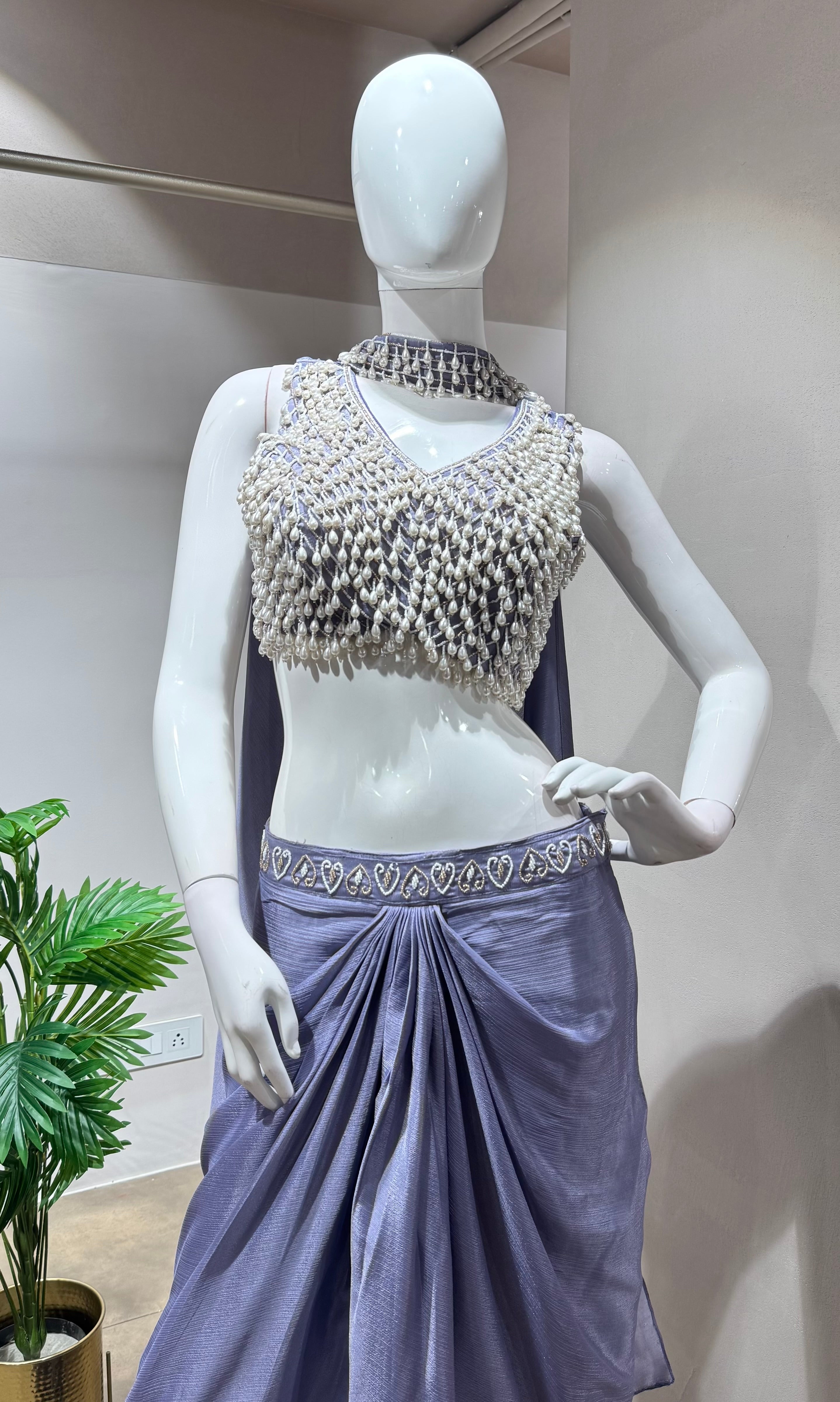 Lavender pearl blouse with drape skirt