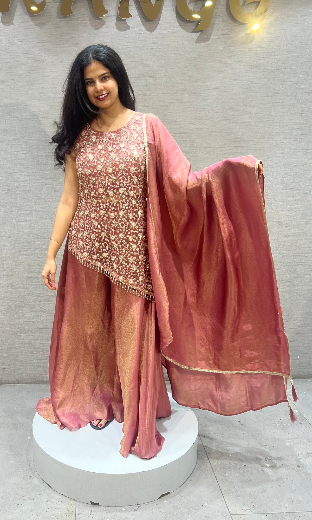 Rust Shimmer Floral Palazzo set with Dupatta