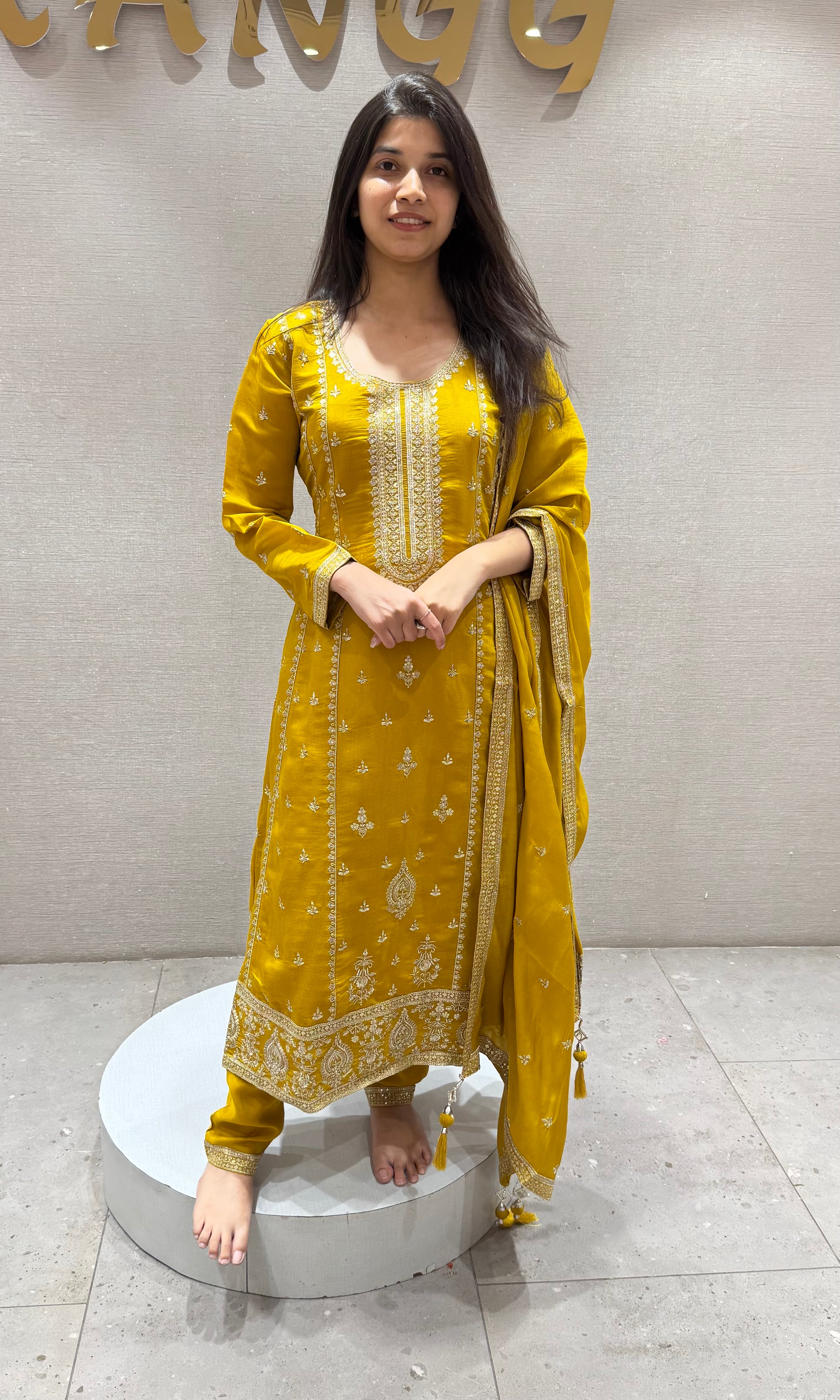 YELLOW Embellished Chinon SILK KURTA SET