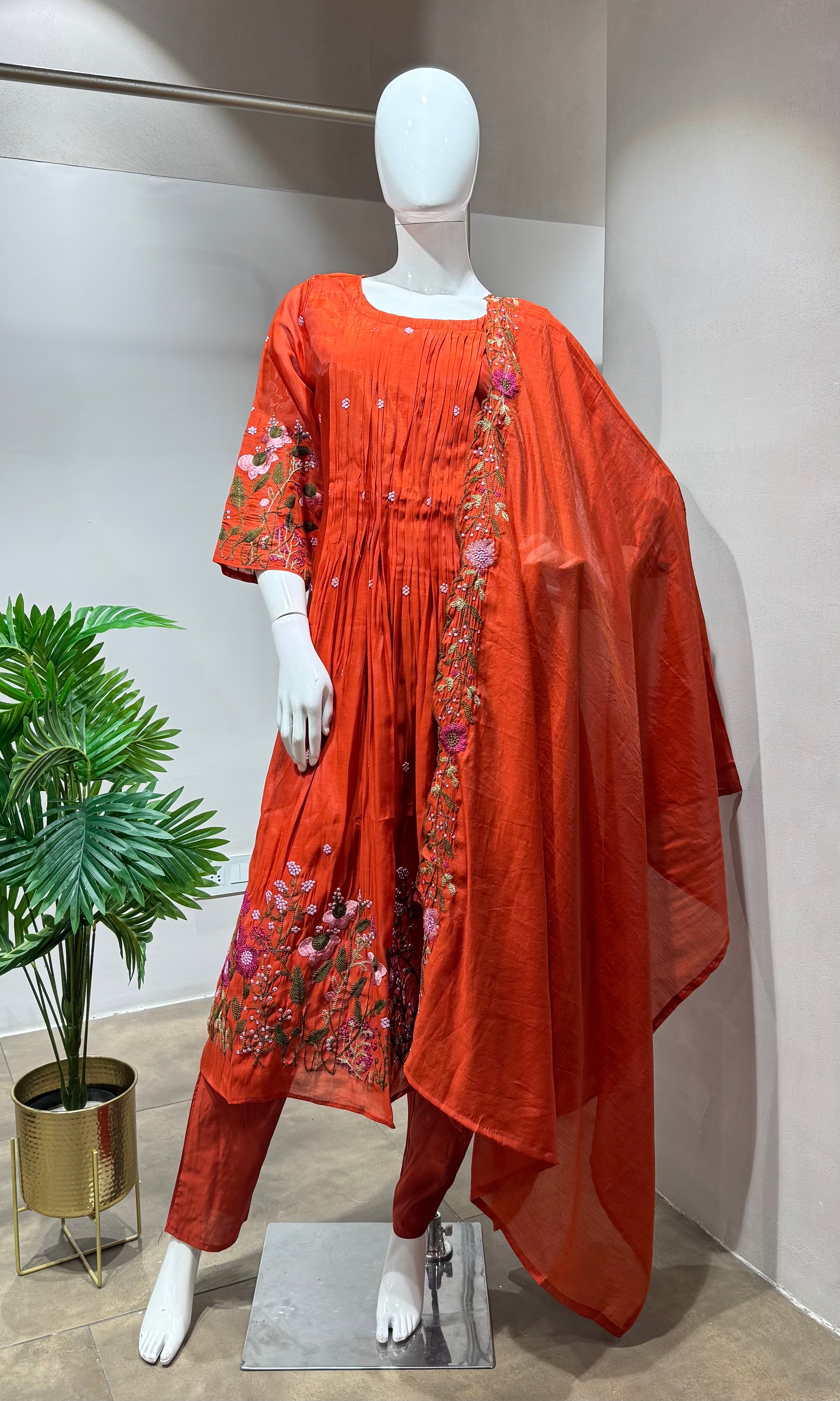 Rust mul chanderi floral embroidery kurta set