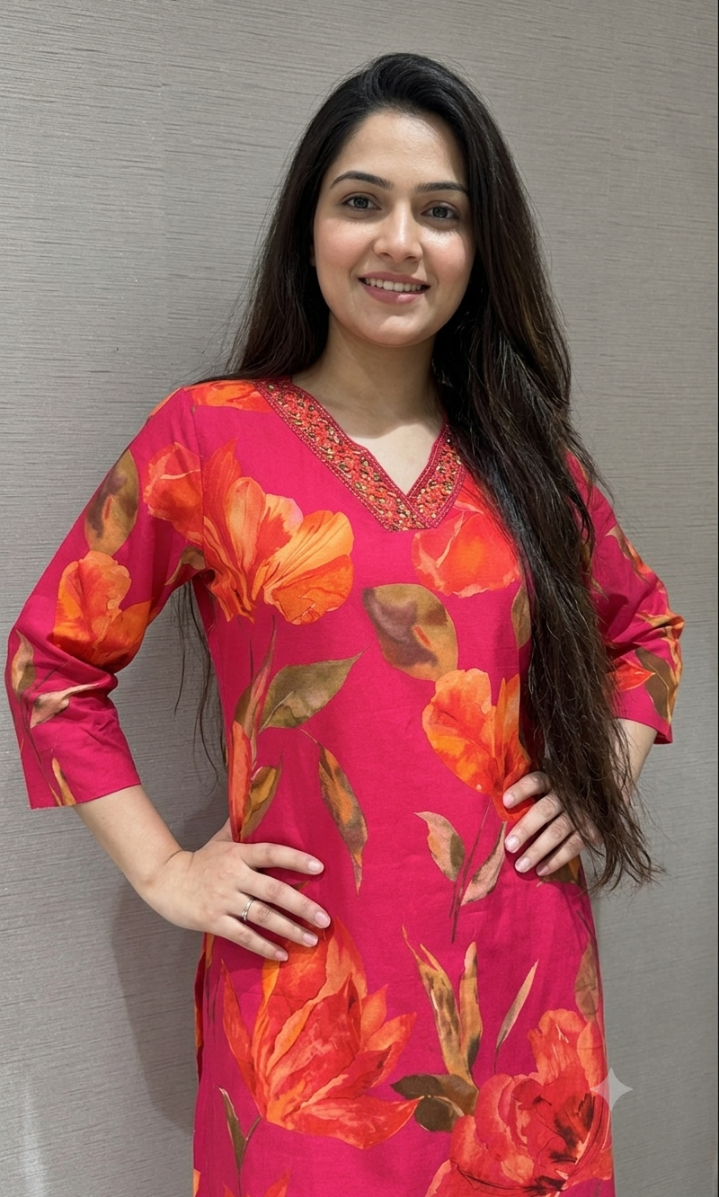 Rani pink Abstract Floral Straight Kurta Set
