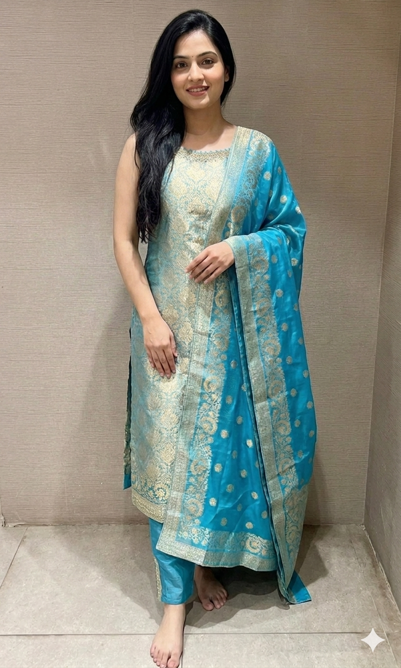 Sea Blue Banarasi Kurta Set with Zari Embroidery