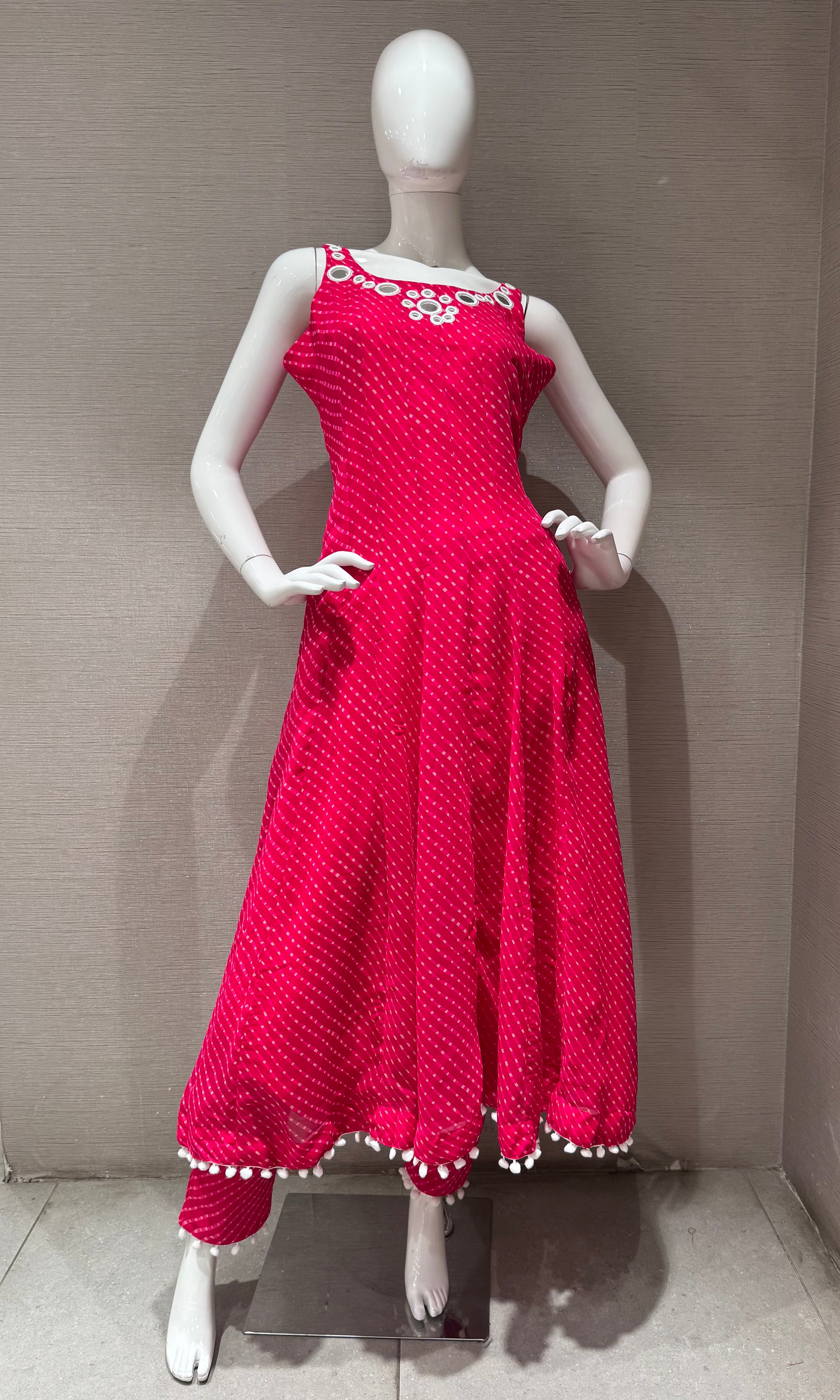 PINK bandhani print and intricate mirror anarkali set