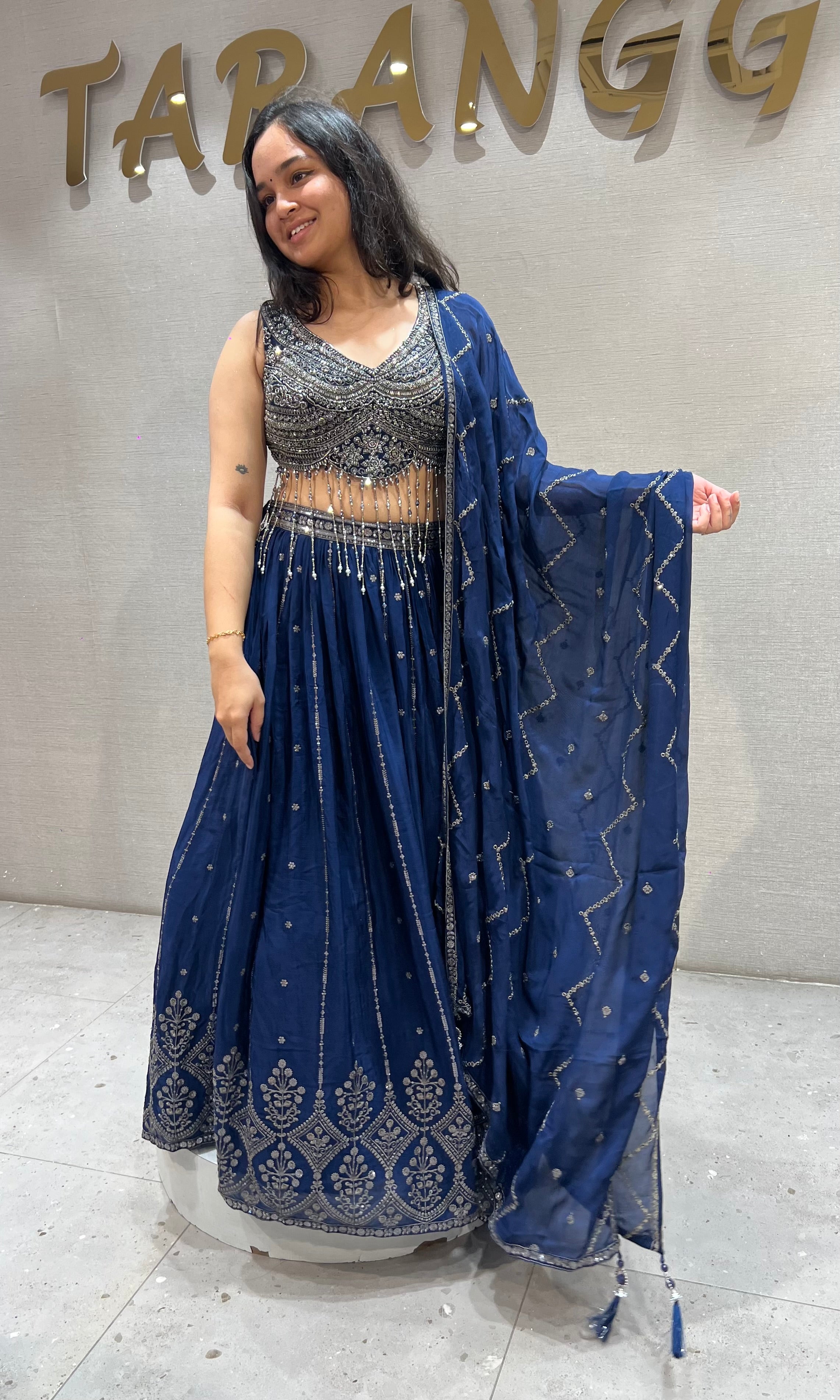 Navy Blue Velvet & Silk Embroidered Ensemble Lehenga