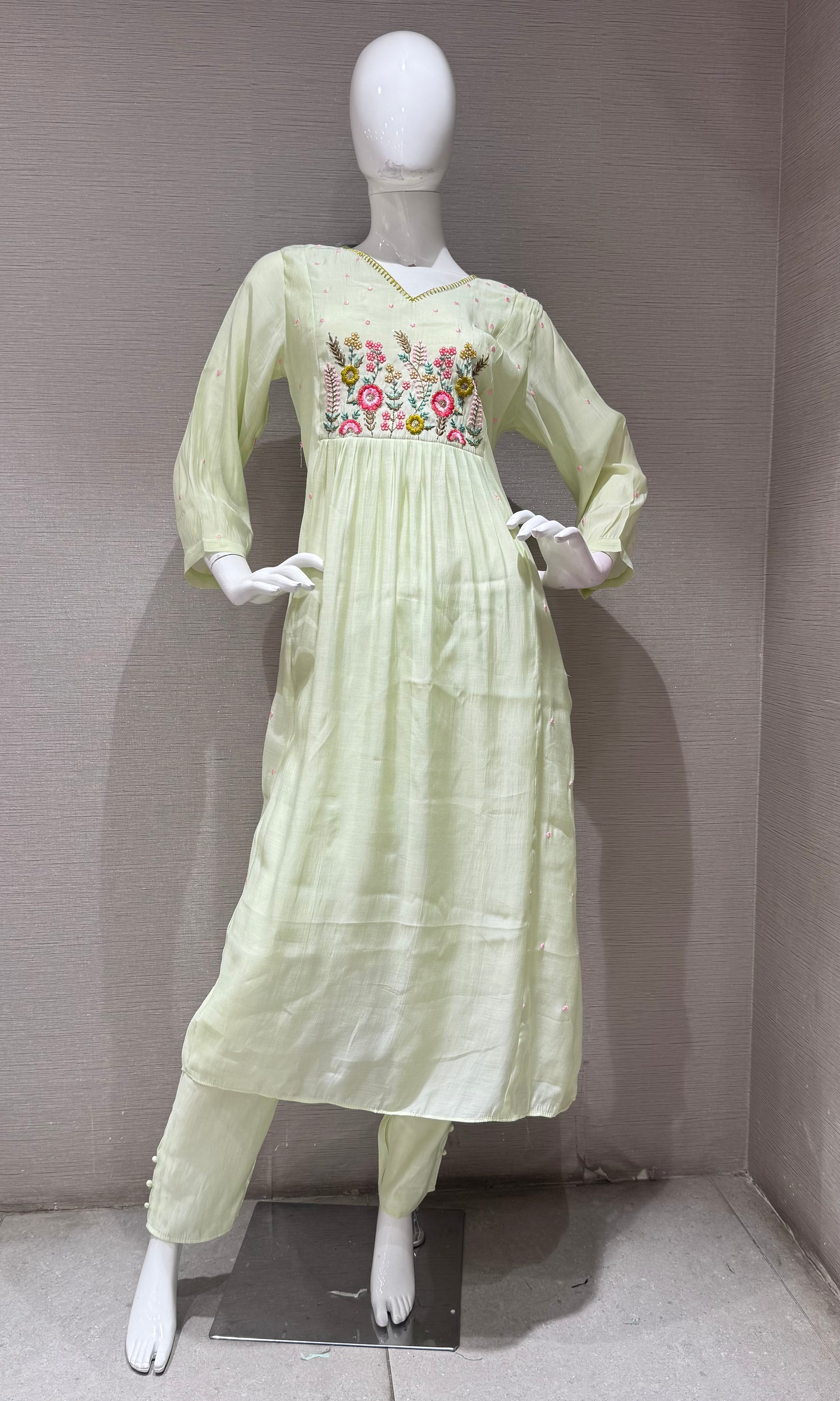 Pista green embroidery kurta set