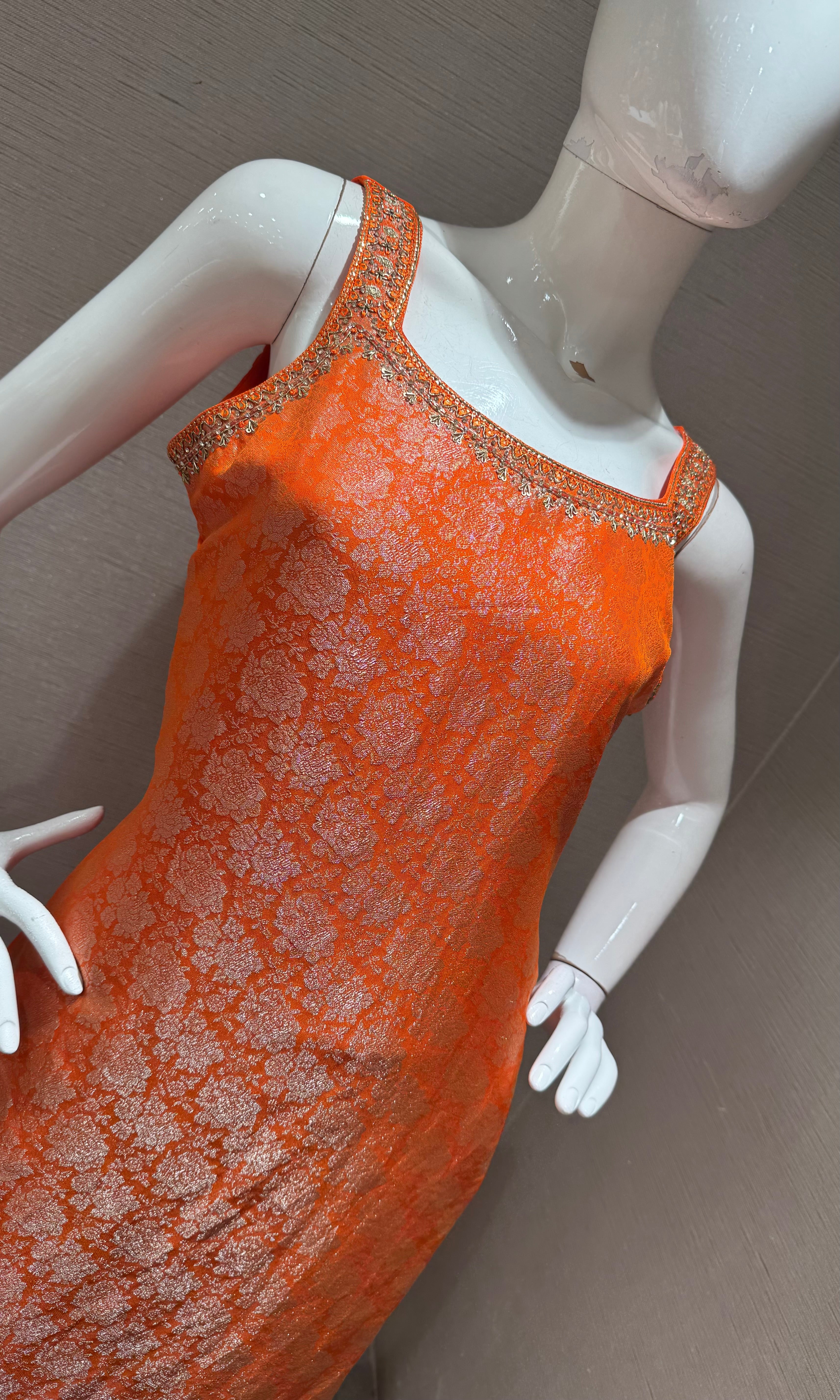 Orange banarasi silk kurta set with dupatta