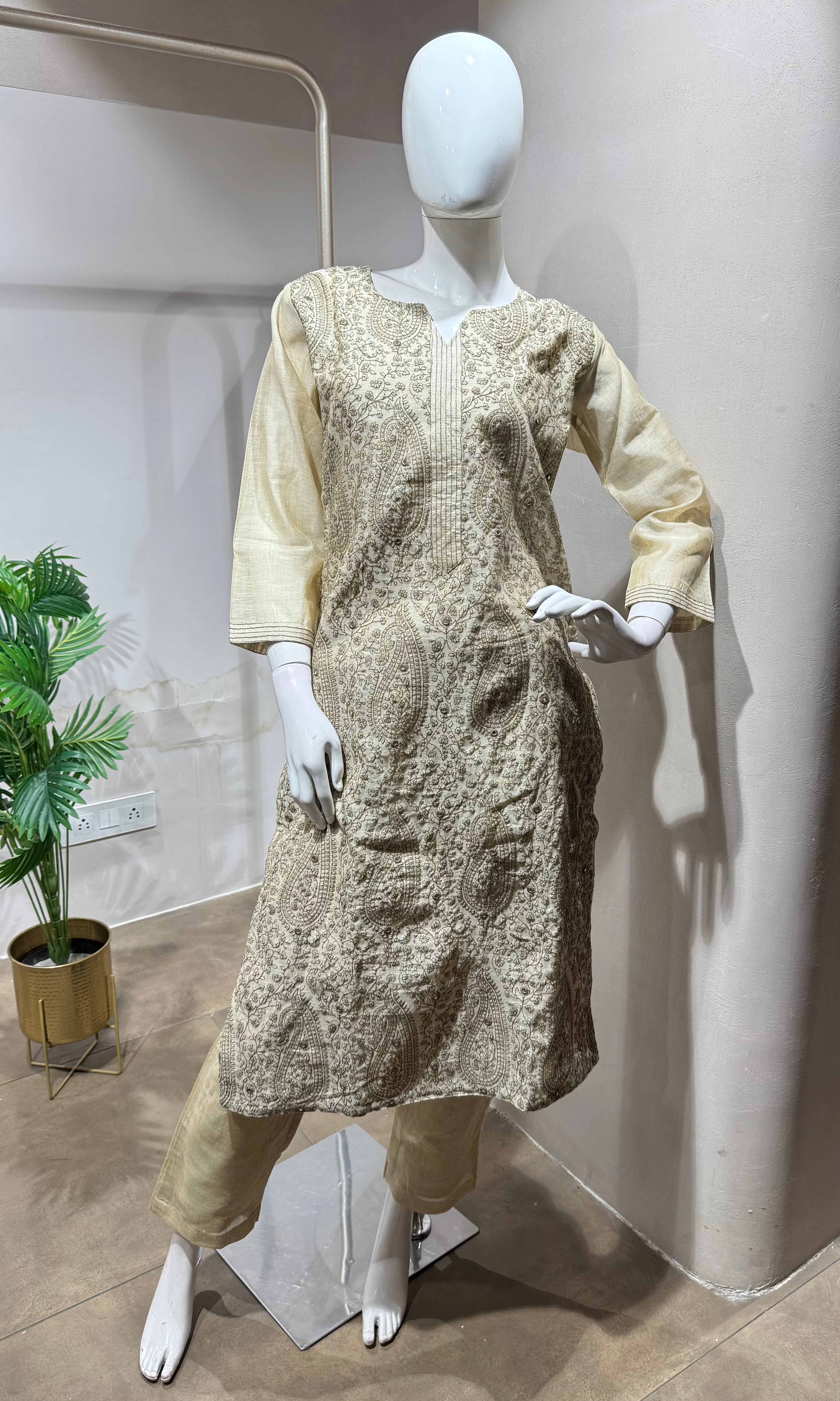Beige Embroidered Kurta Set with Contrasting Dupatta