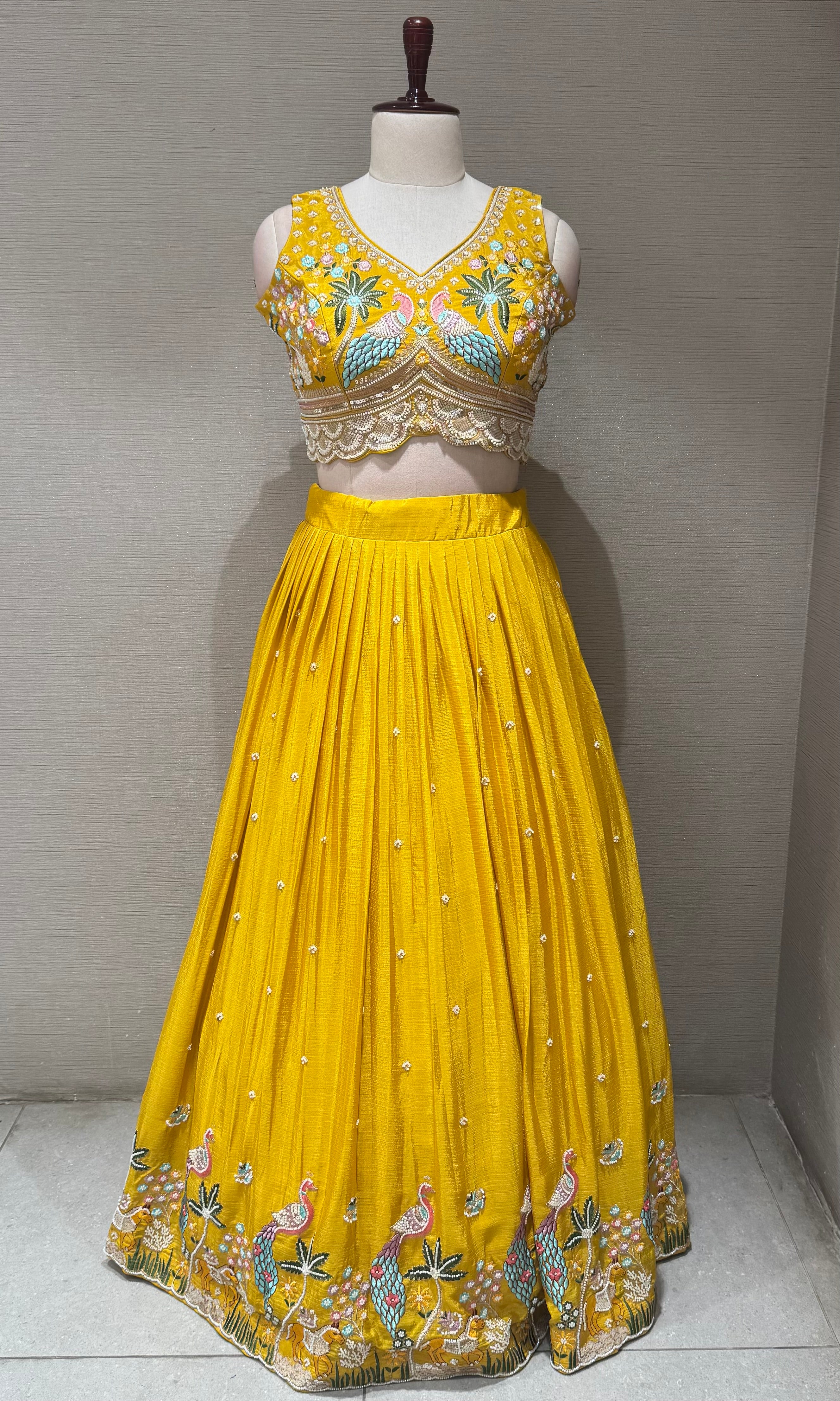 Yellow Tissue silk Lehenga with Peacock & Floral Embroidery