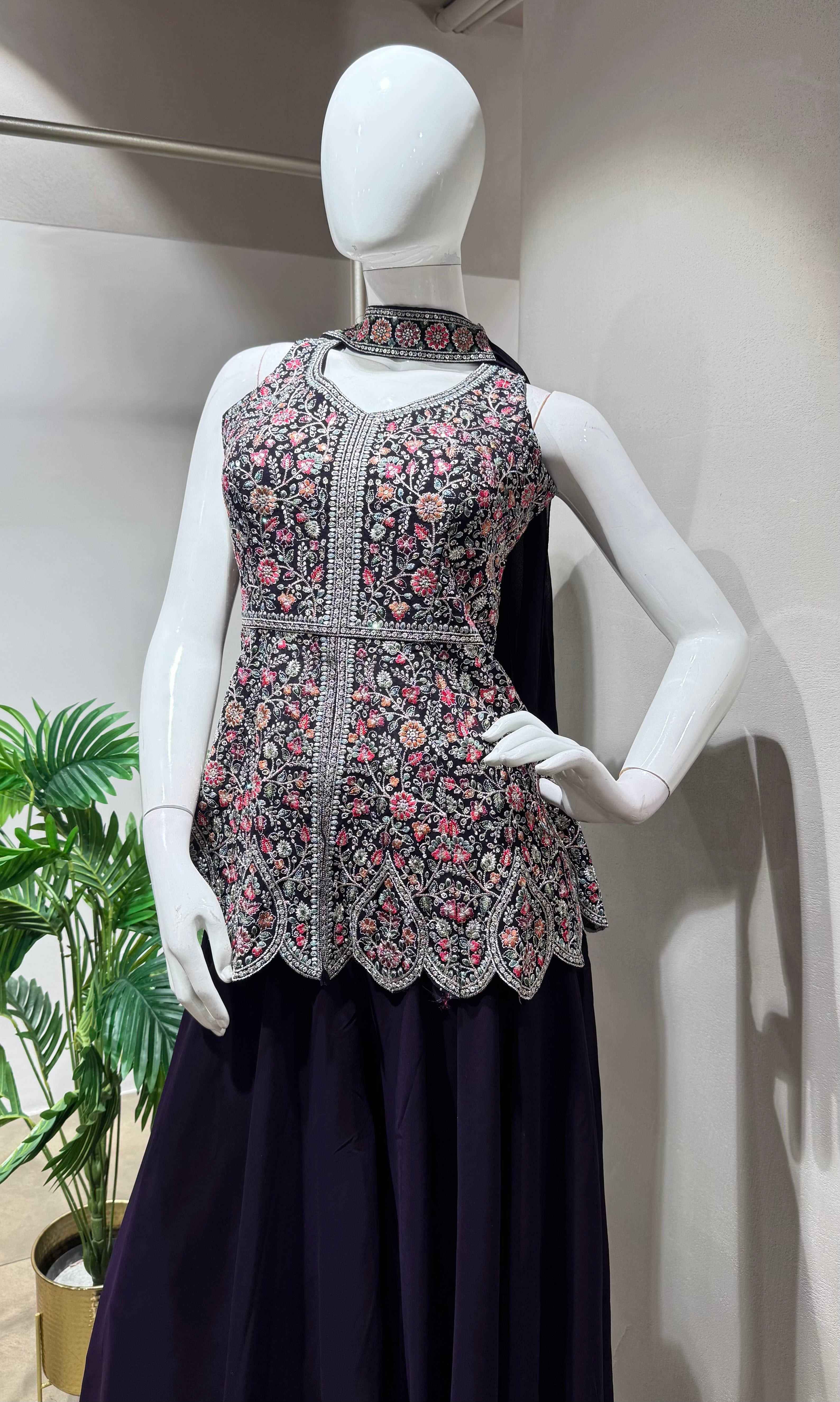 PURPLE EMBROIDERY PEPLUM PALAZZO SET