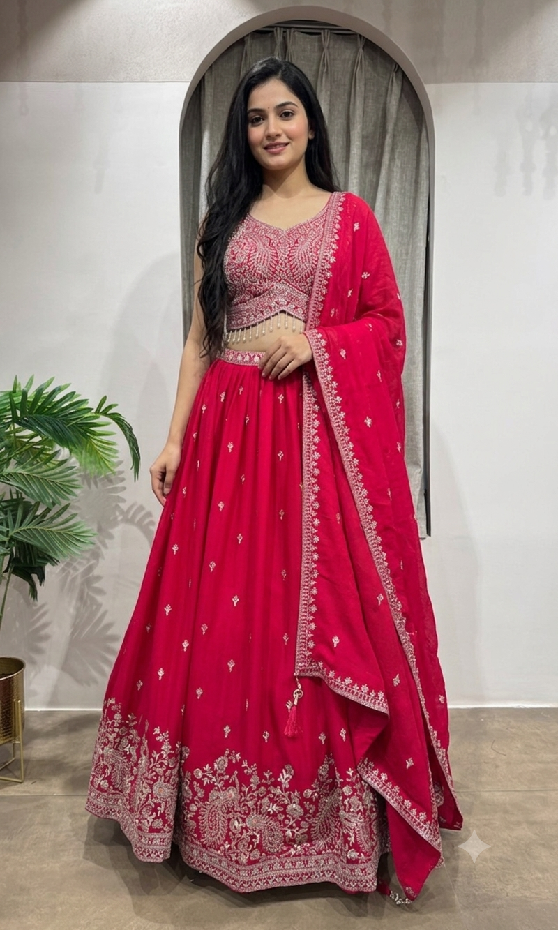 Rani Pink Lehenga with Elaborate Border Embroidery