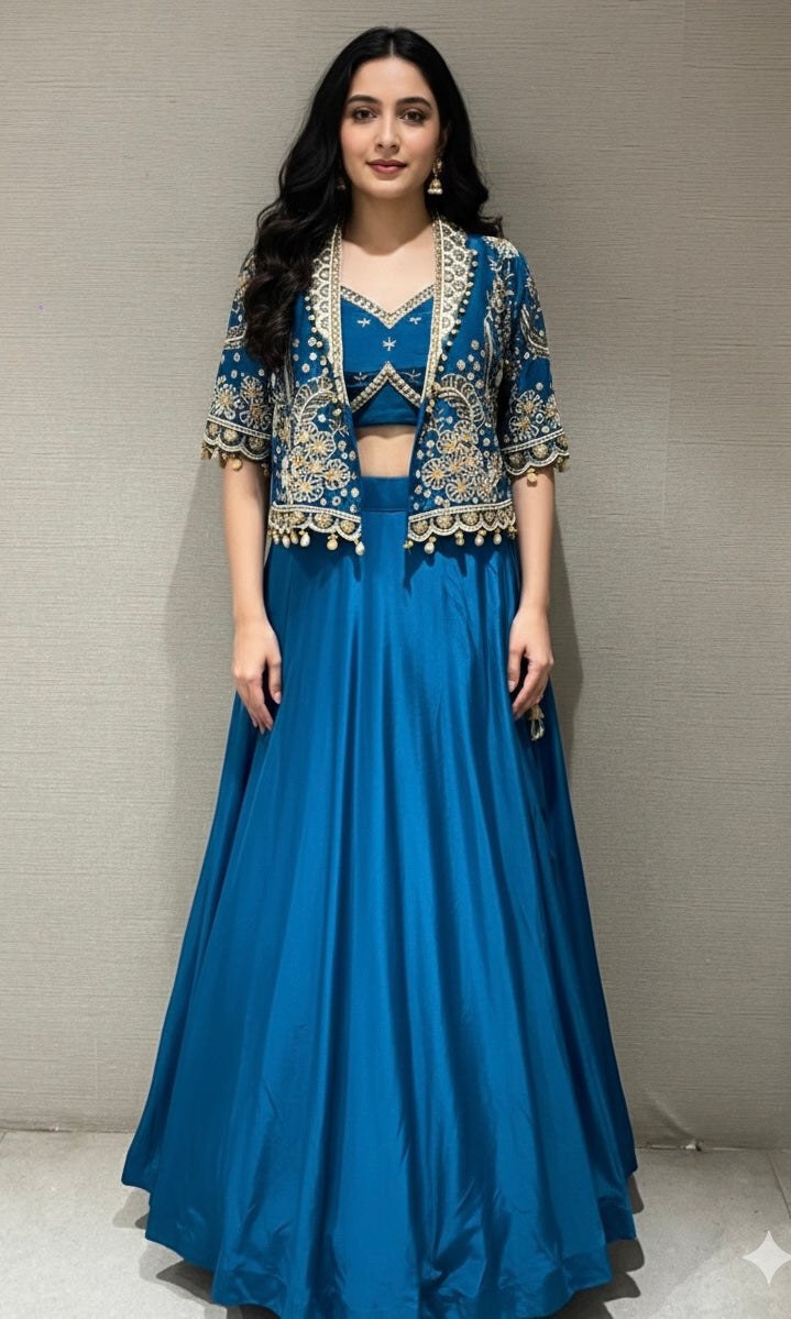 Blue Lehenga with Embellished Crop Jacket