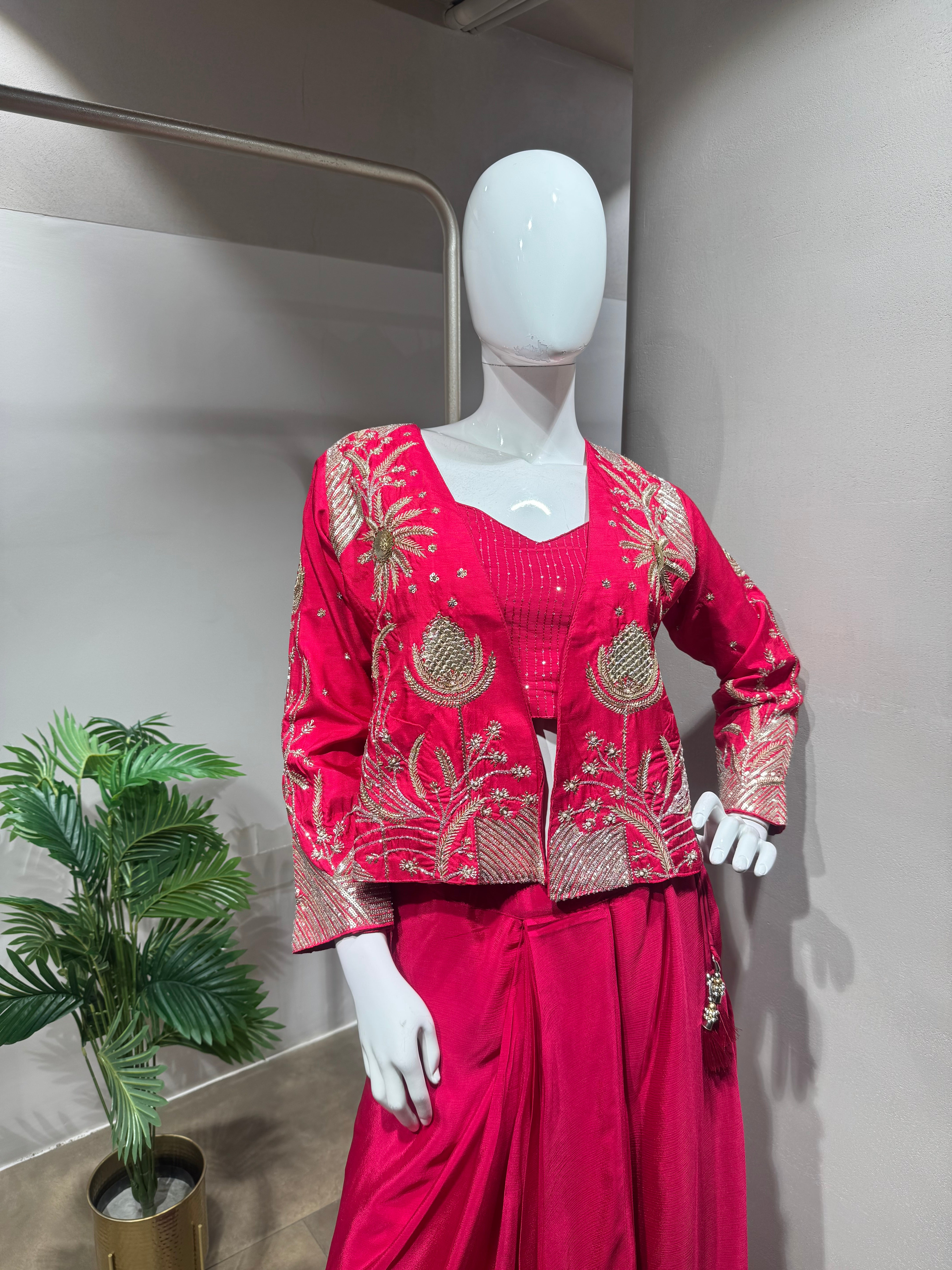 Rani Pink Indo-Western Set with Pearl Jacket