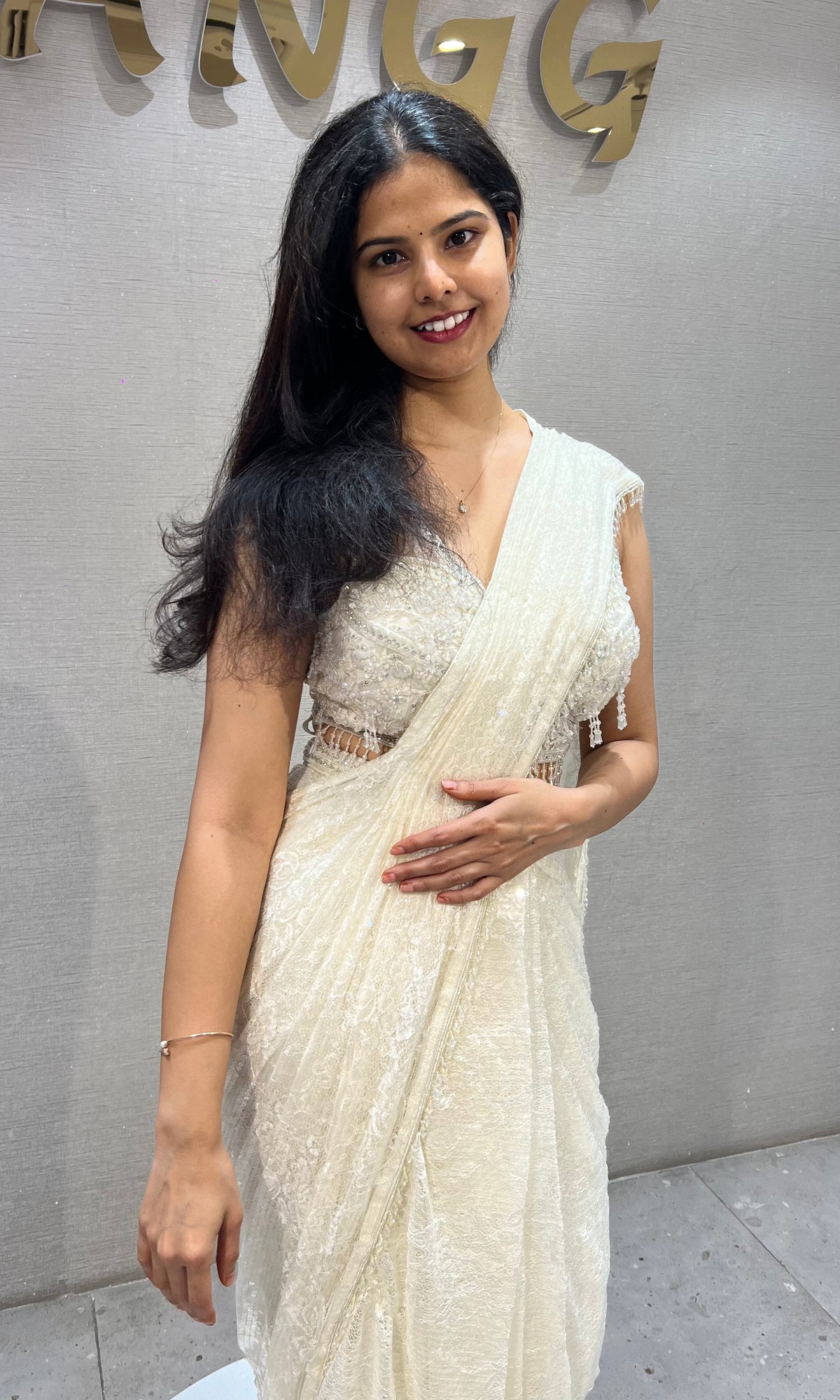 Cream Lace Tissue net Drape Saree with Blouse