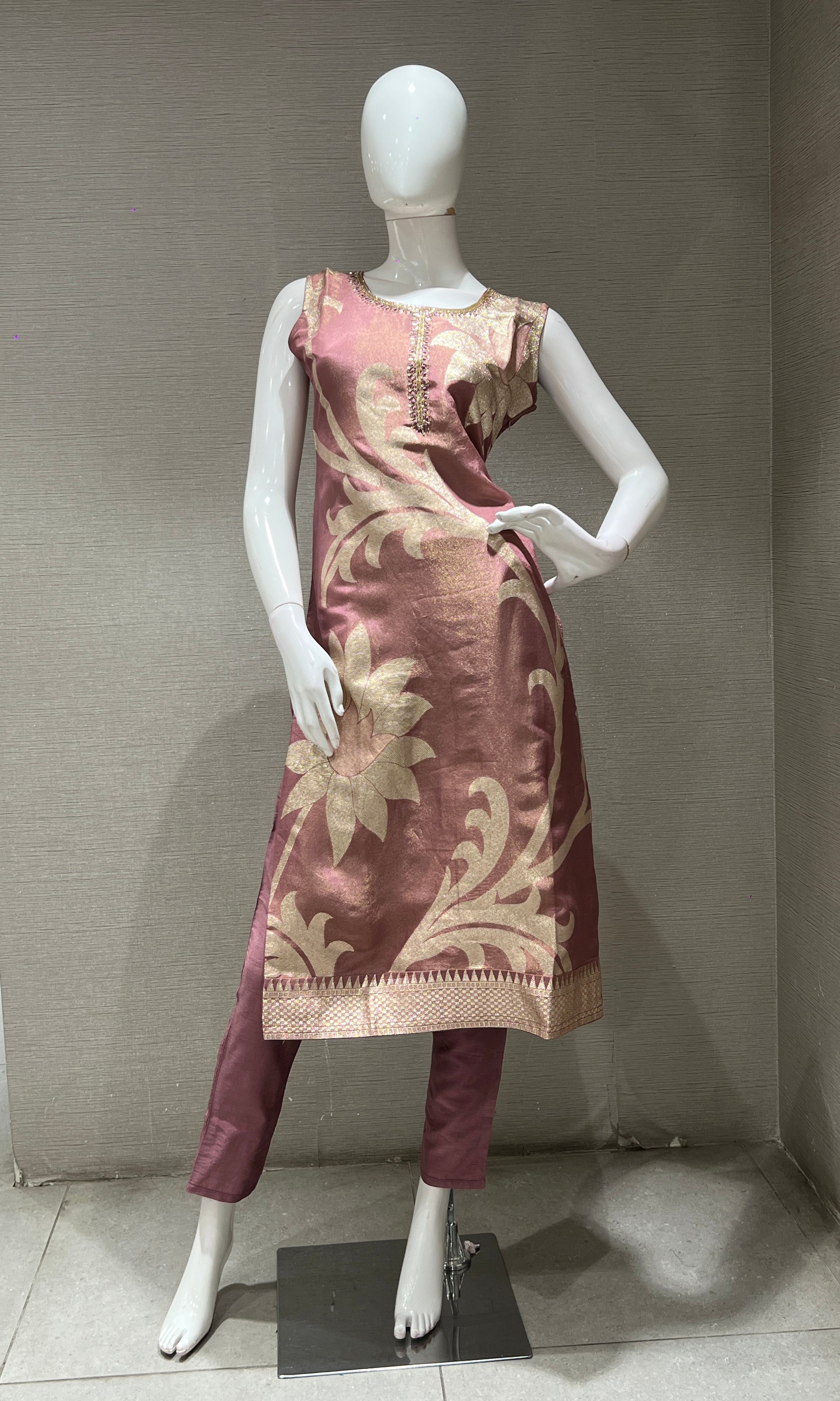 onion pink striped embroidery kurta set