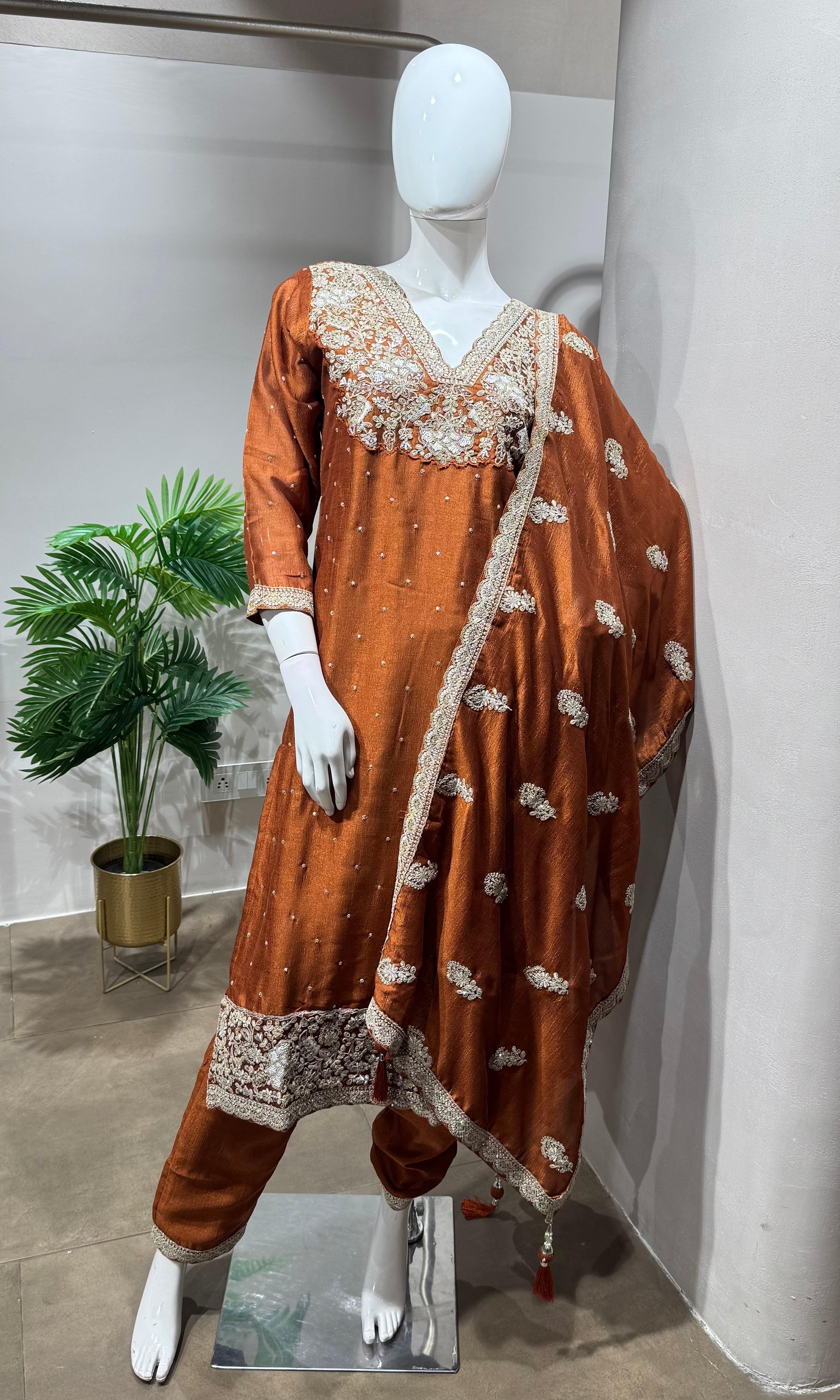 Rust golden embroidery kurta set