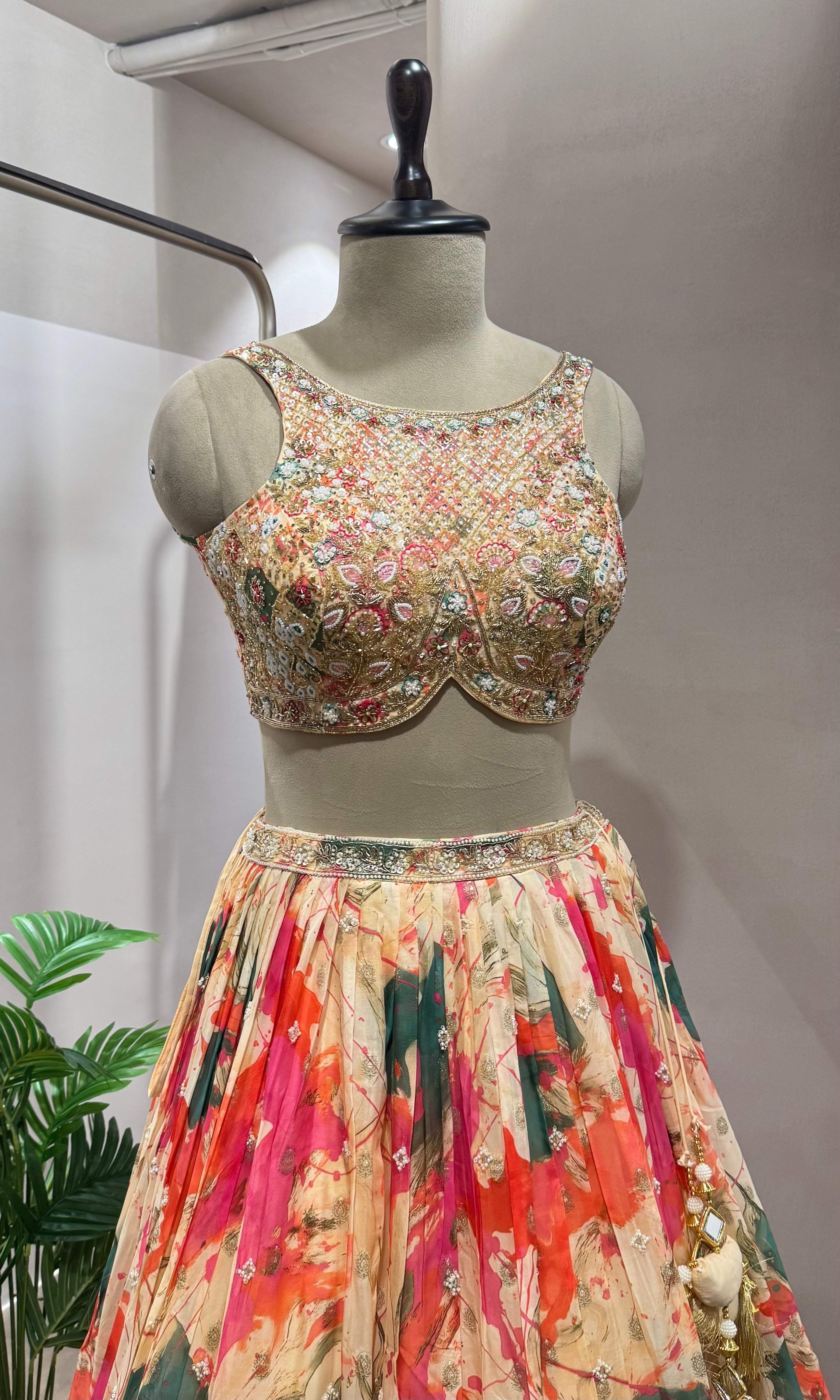 Peach FLORAL INTRICATE EMBROIDERY Lehenga