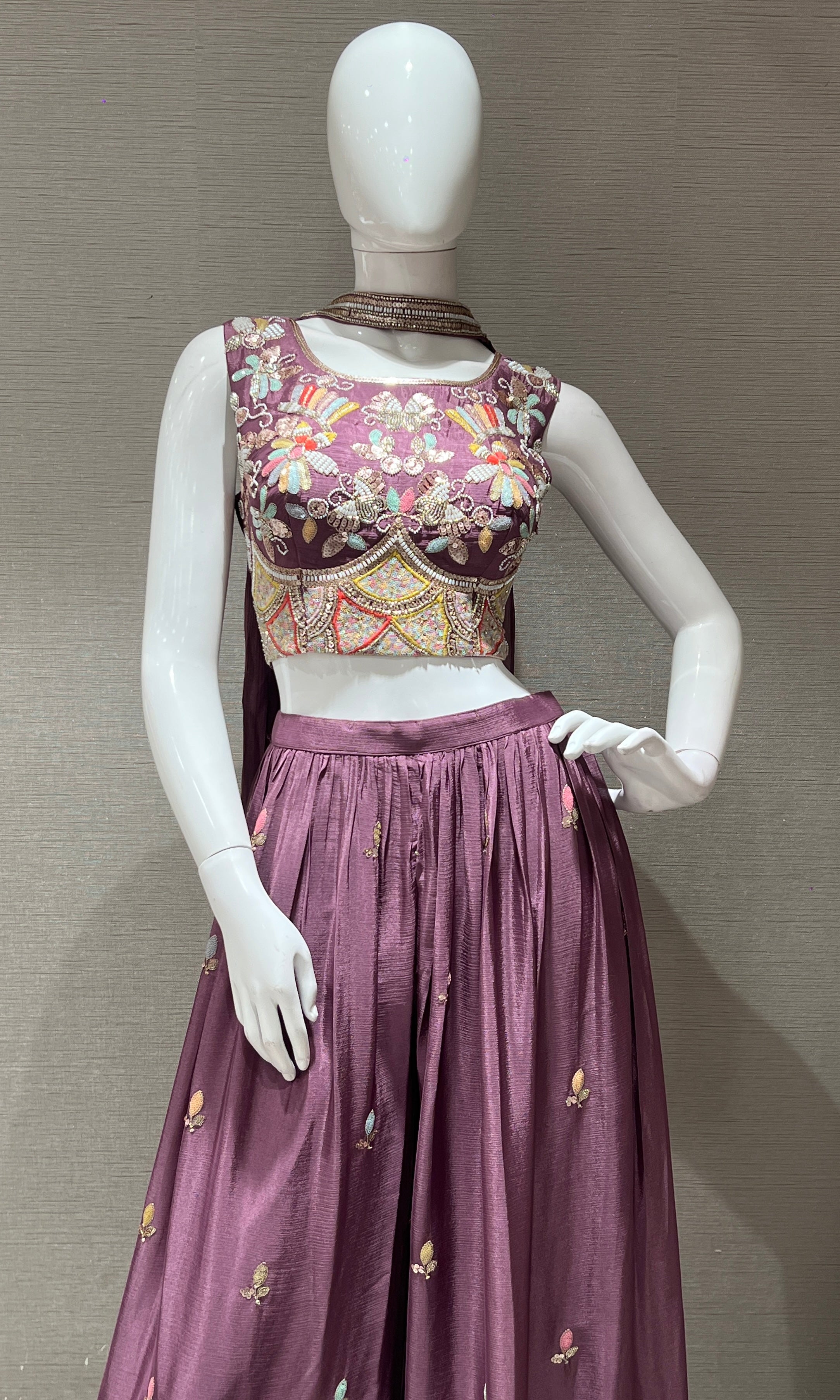 Lilac Embroidered Crop Top and Palazzo Set