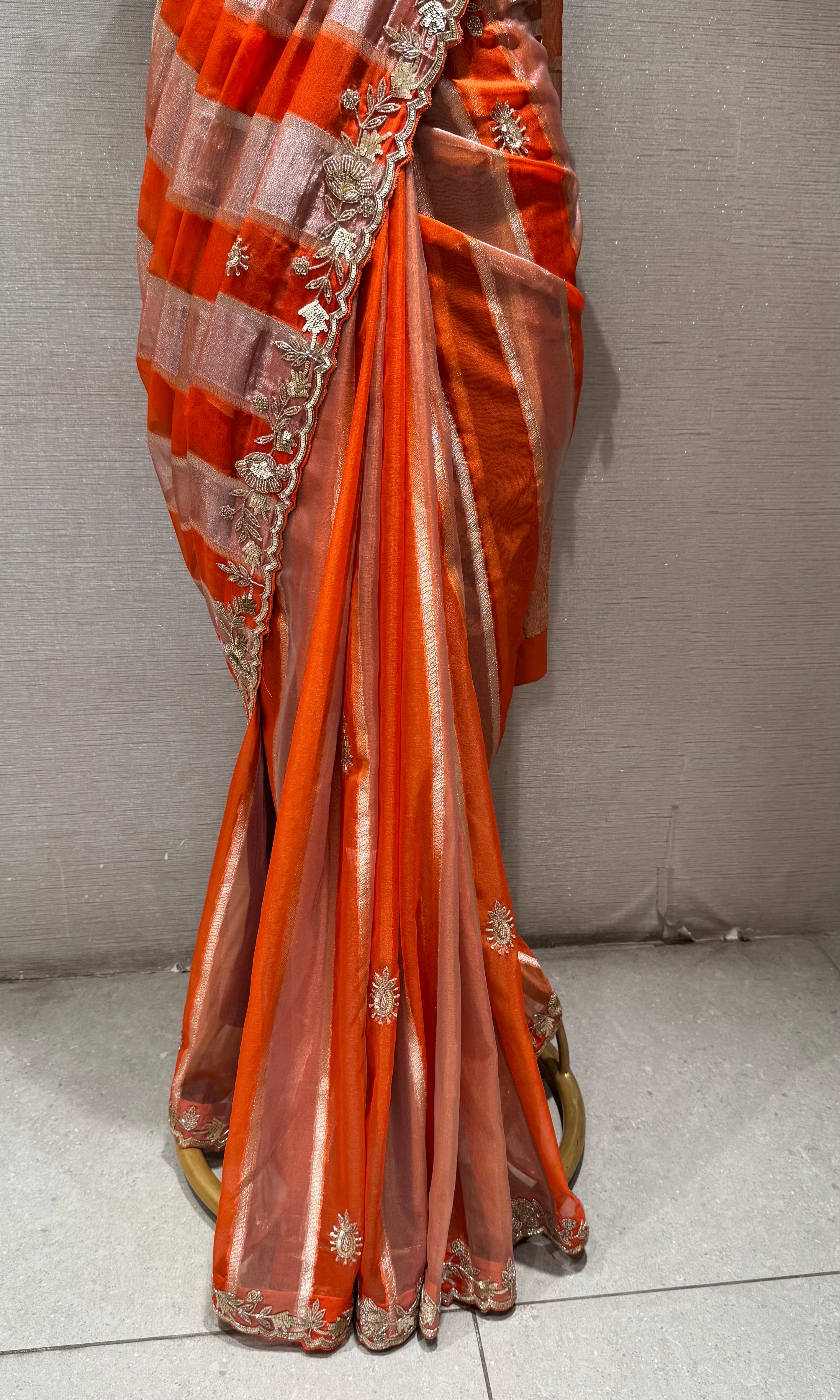 Orange Embellished Silk Leheriya Saree