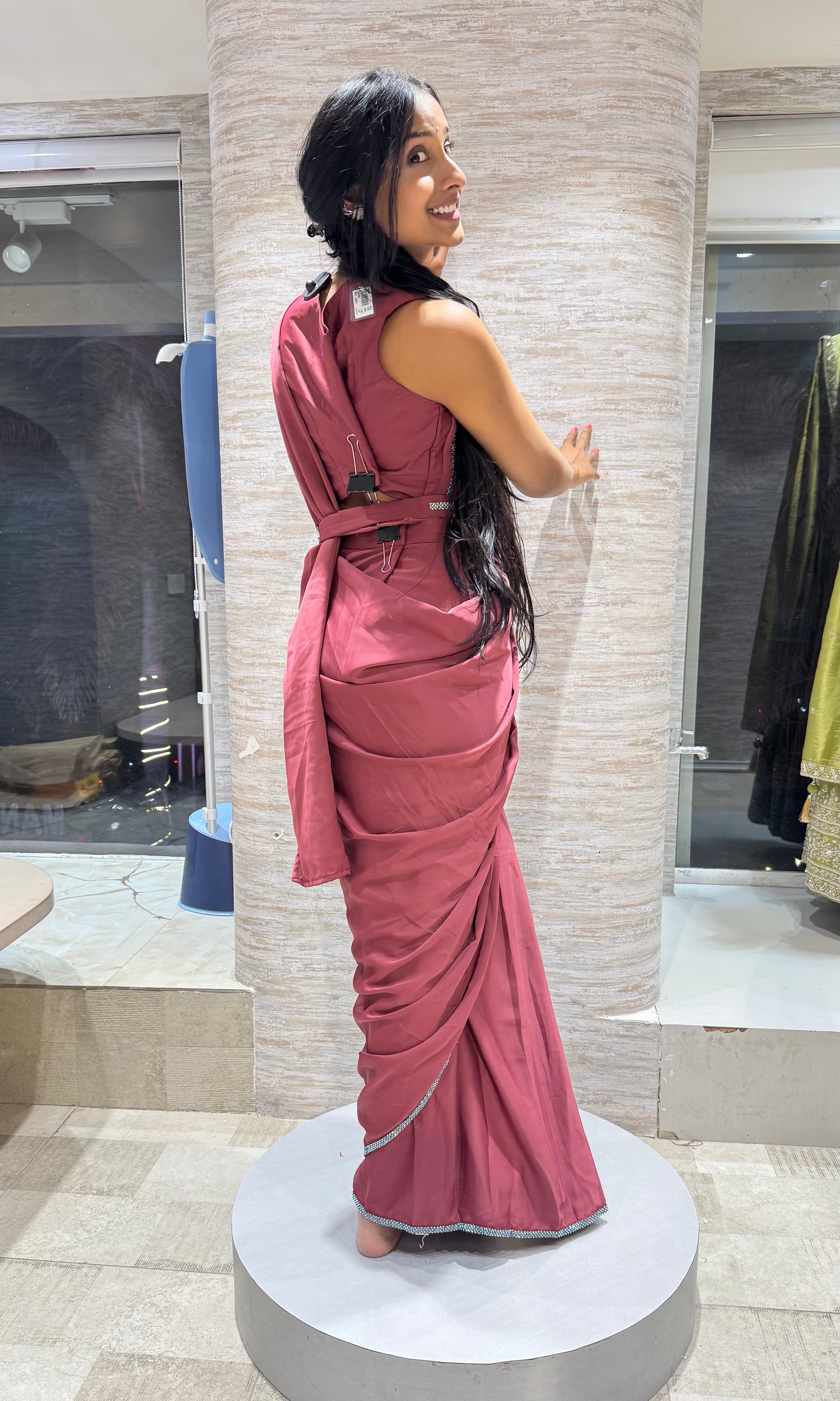 MAROON DRAPE SAREE WITH CORSET BLOUSE