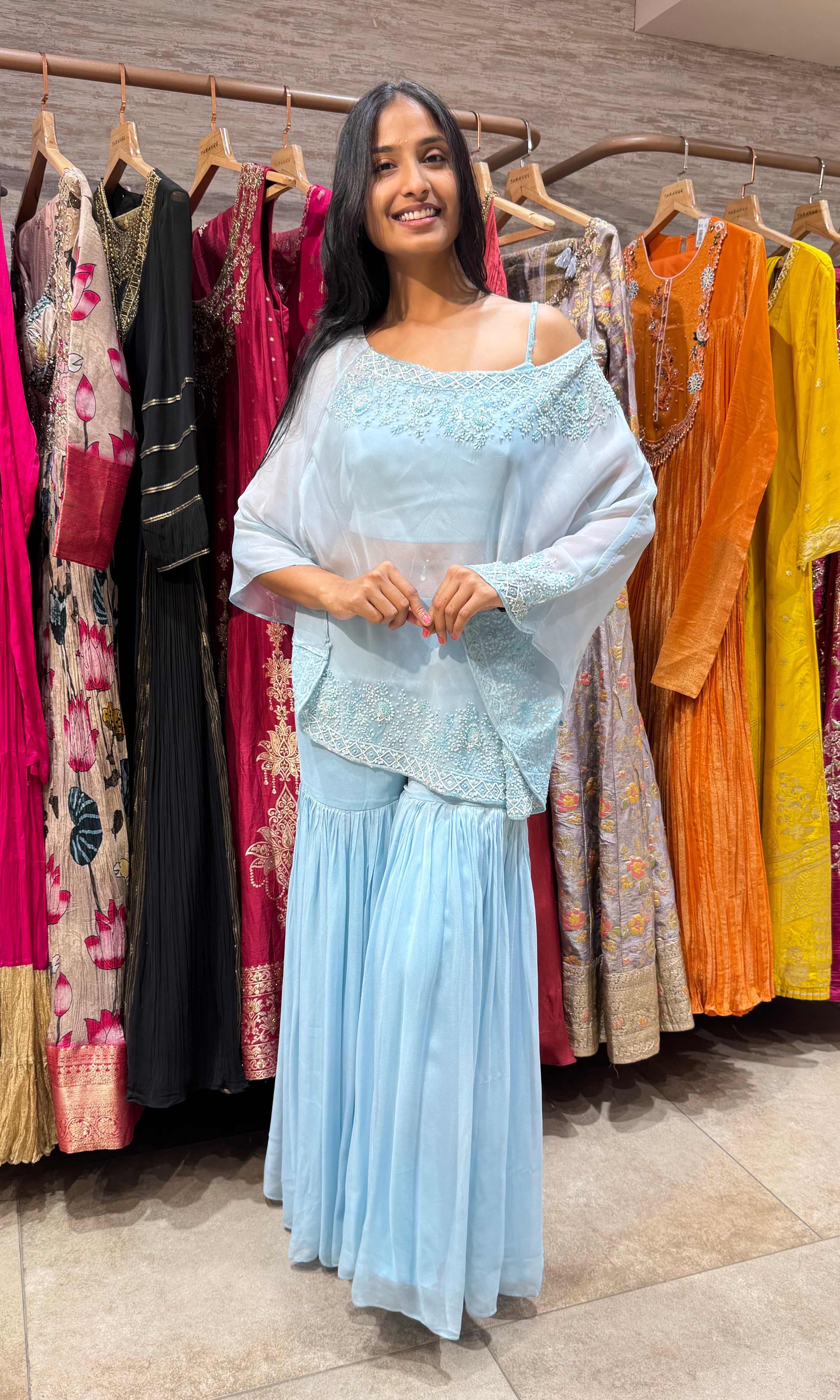 blue embroidered sharara SET