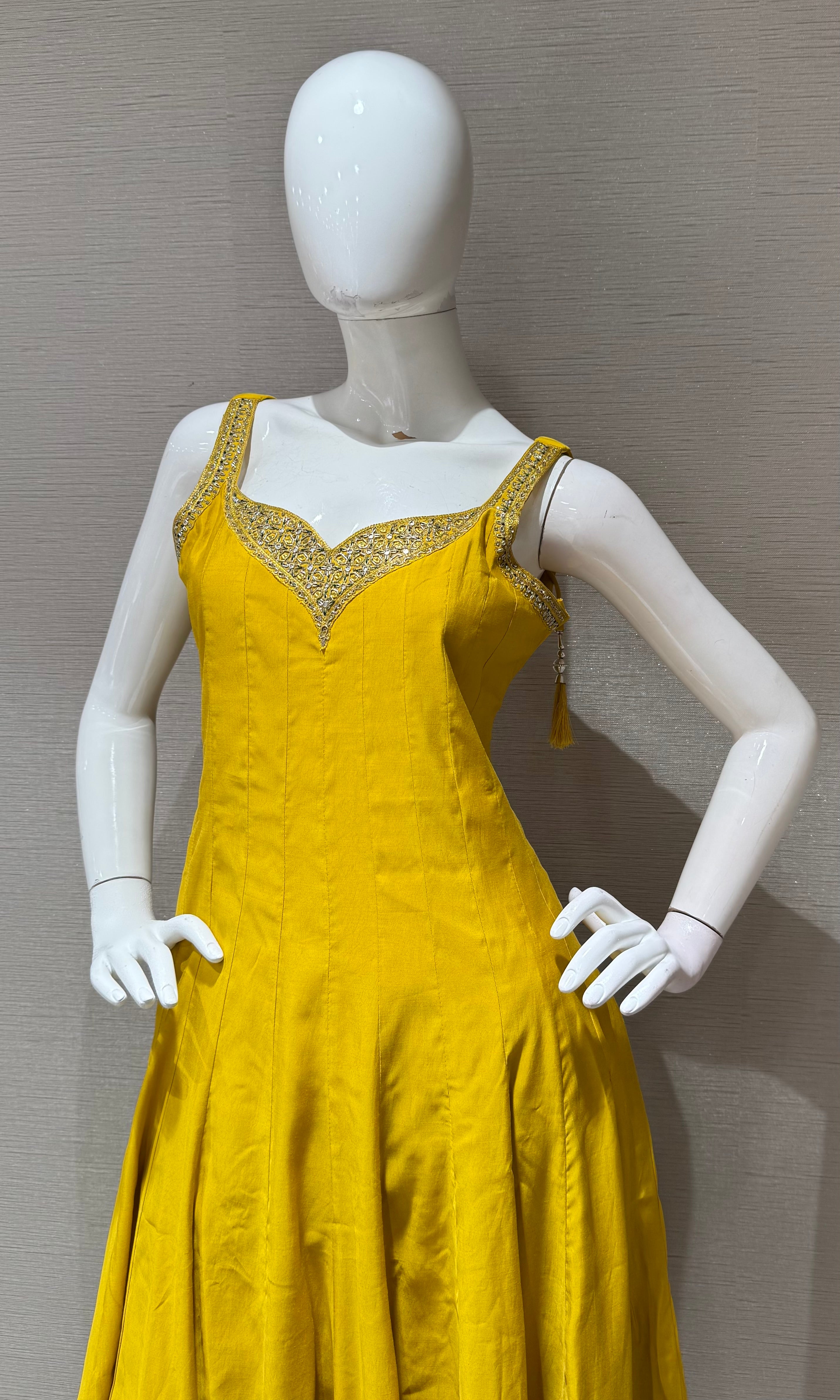 Yellow Silk Anarkali set with Contrast Green Dupatta