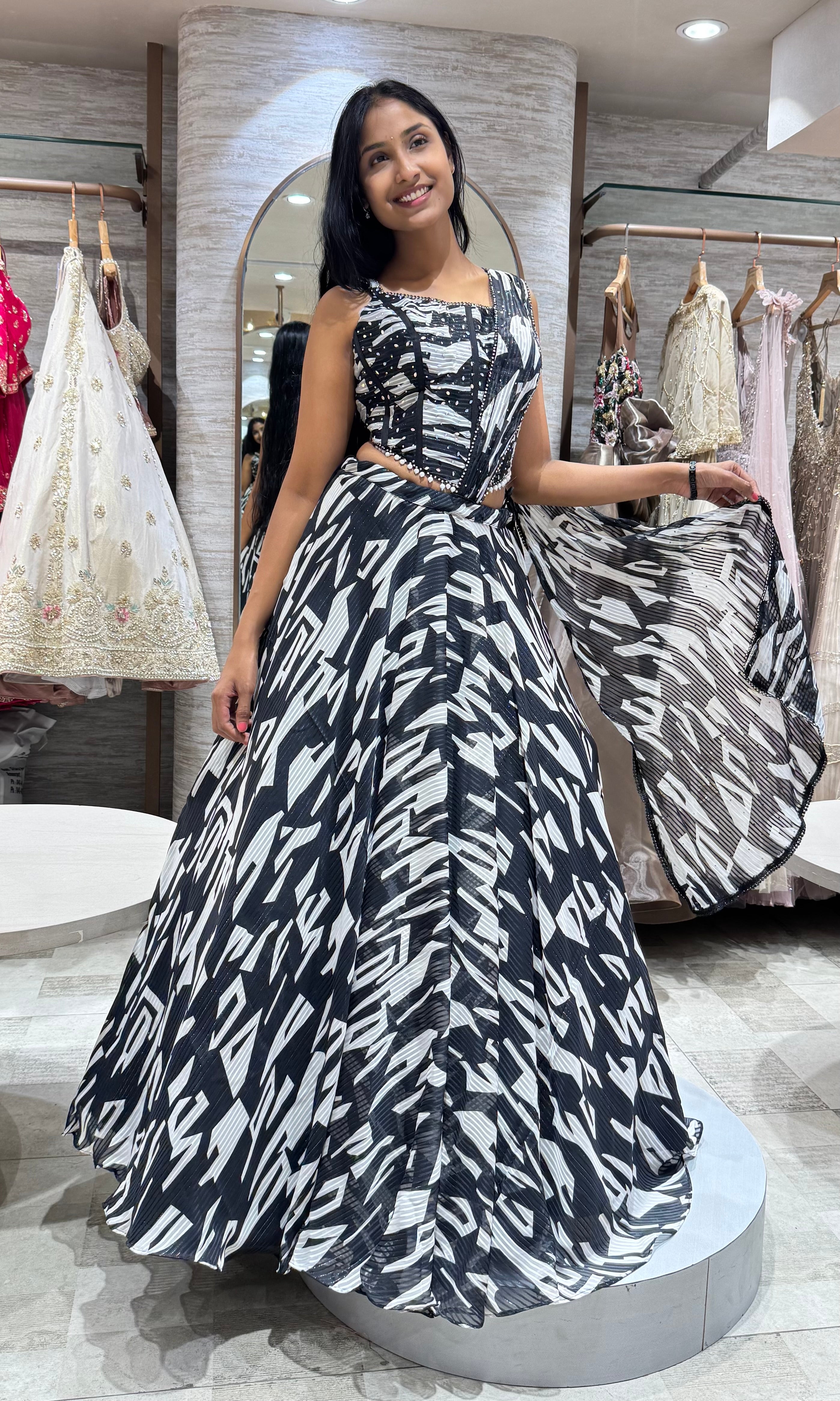 black and white printed EMBROIDERED LEHENGA