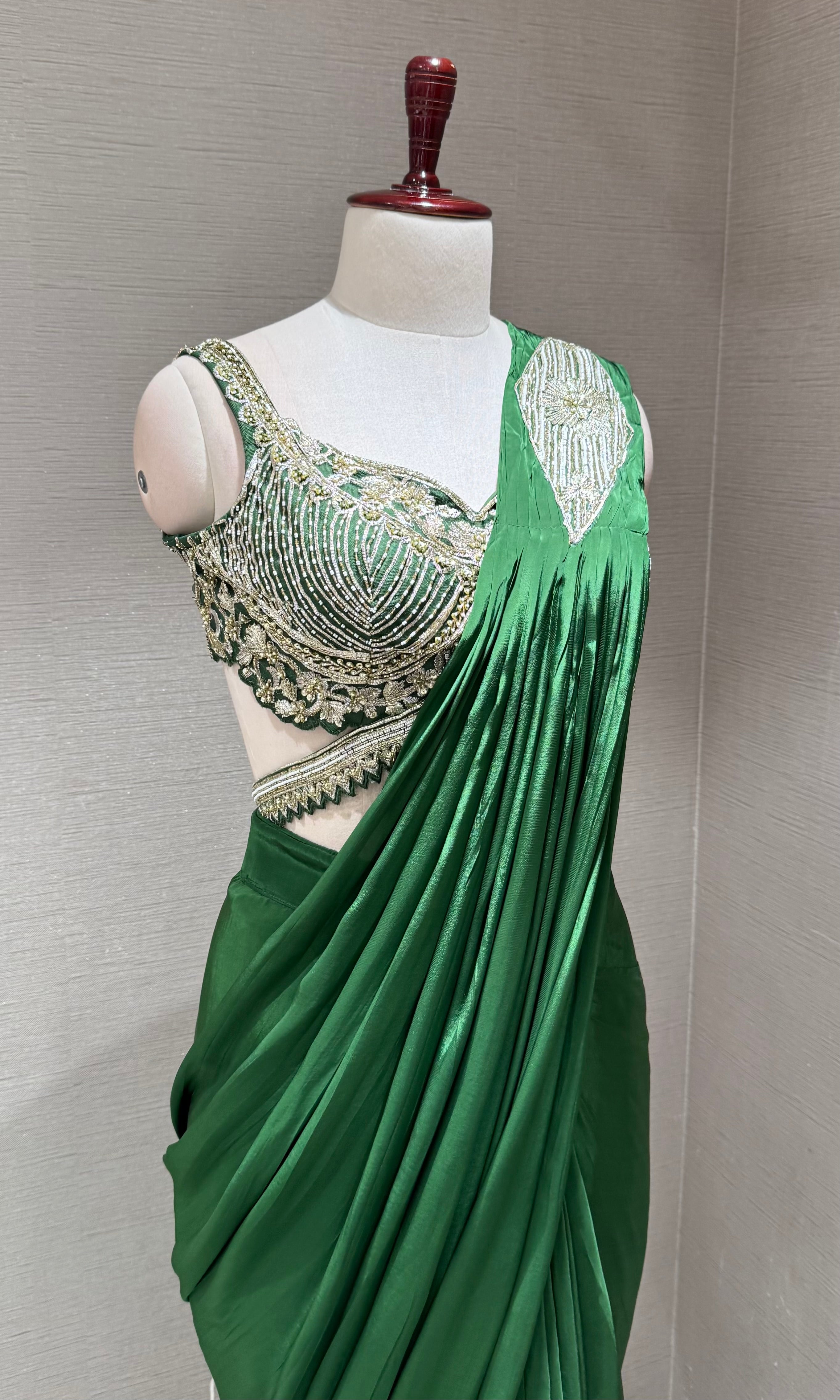 Green Draped Saree with Embellished Silver Blouse